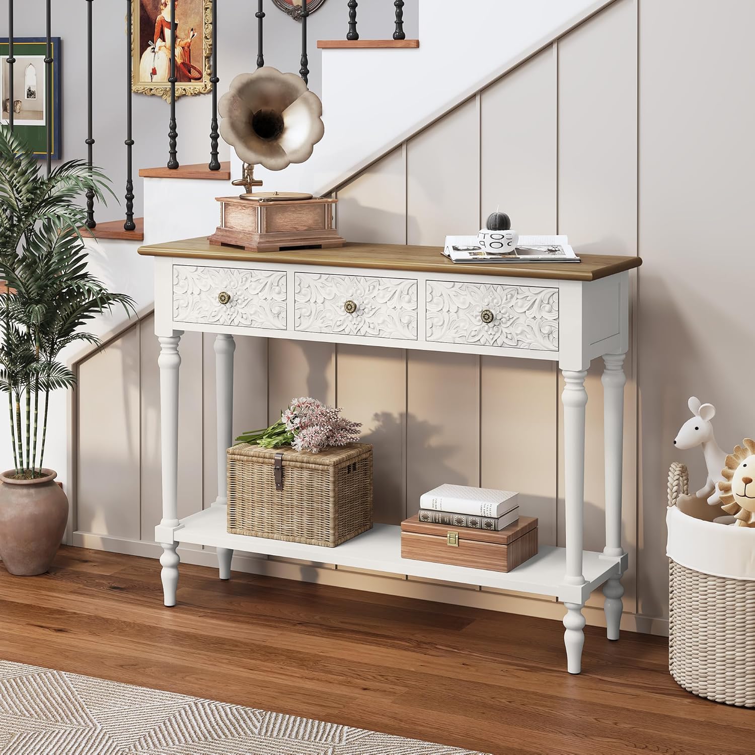 3More Entryway Console Table with 3 Drawers,42" Carved Hallway Table with Open Shelf,Long Sofa Table for Living Room, Hallway, Behind Couch,White