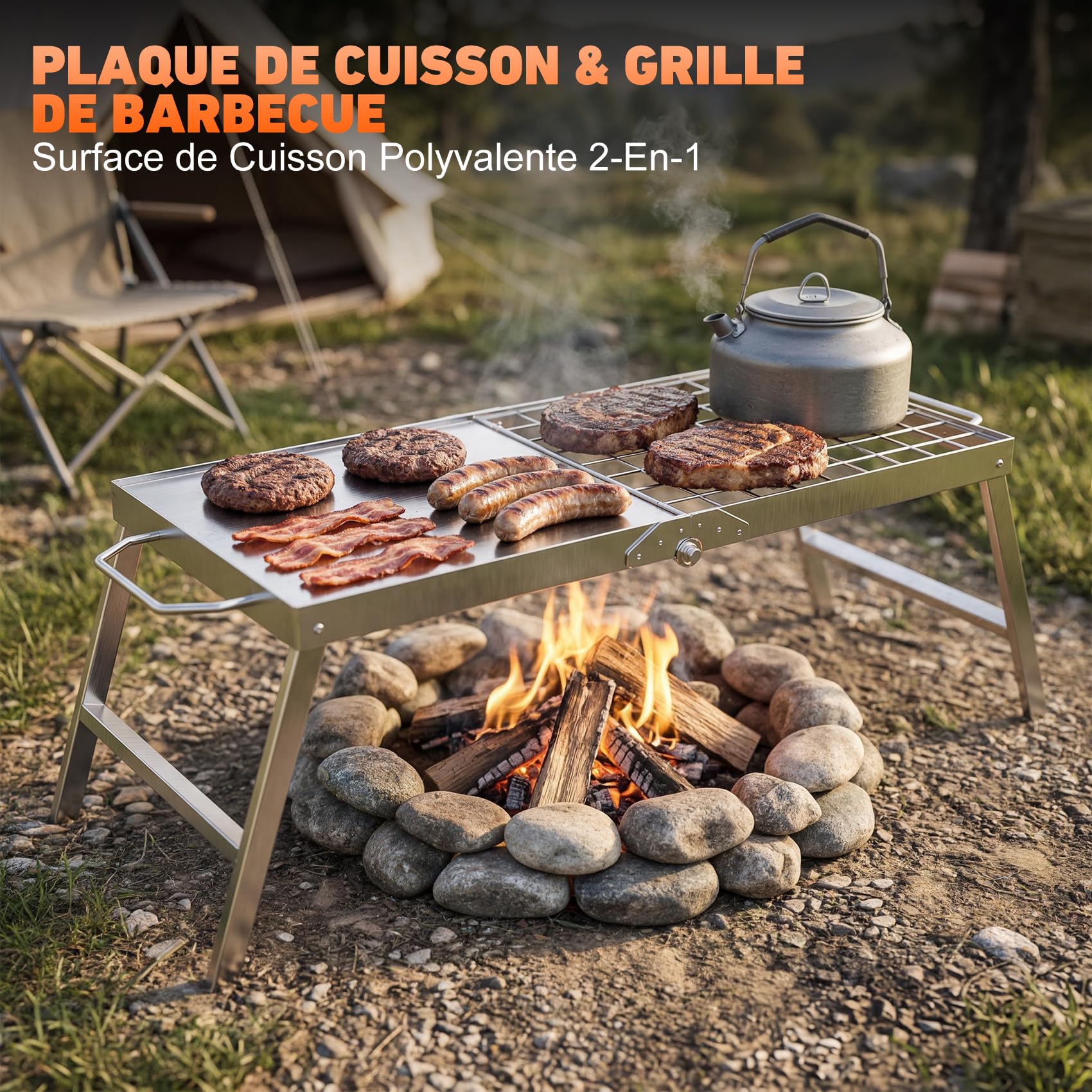 onlyfire Barbecue de Camping Pliable 2-en-1 en Acier Inoxydable | Plancha et Grille pour Feu de Camp, Format Valise, Charge 20 kg, Sans Montage, 60 × 28 × 24 cm