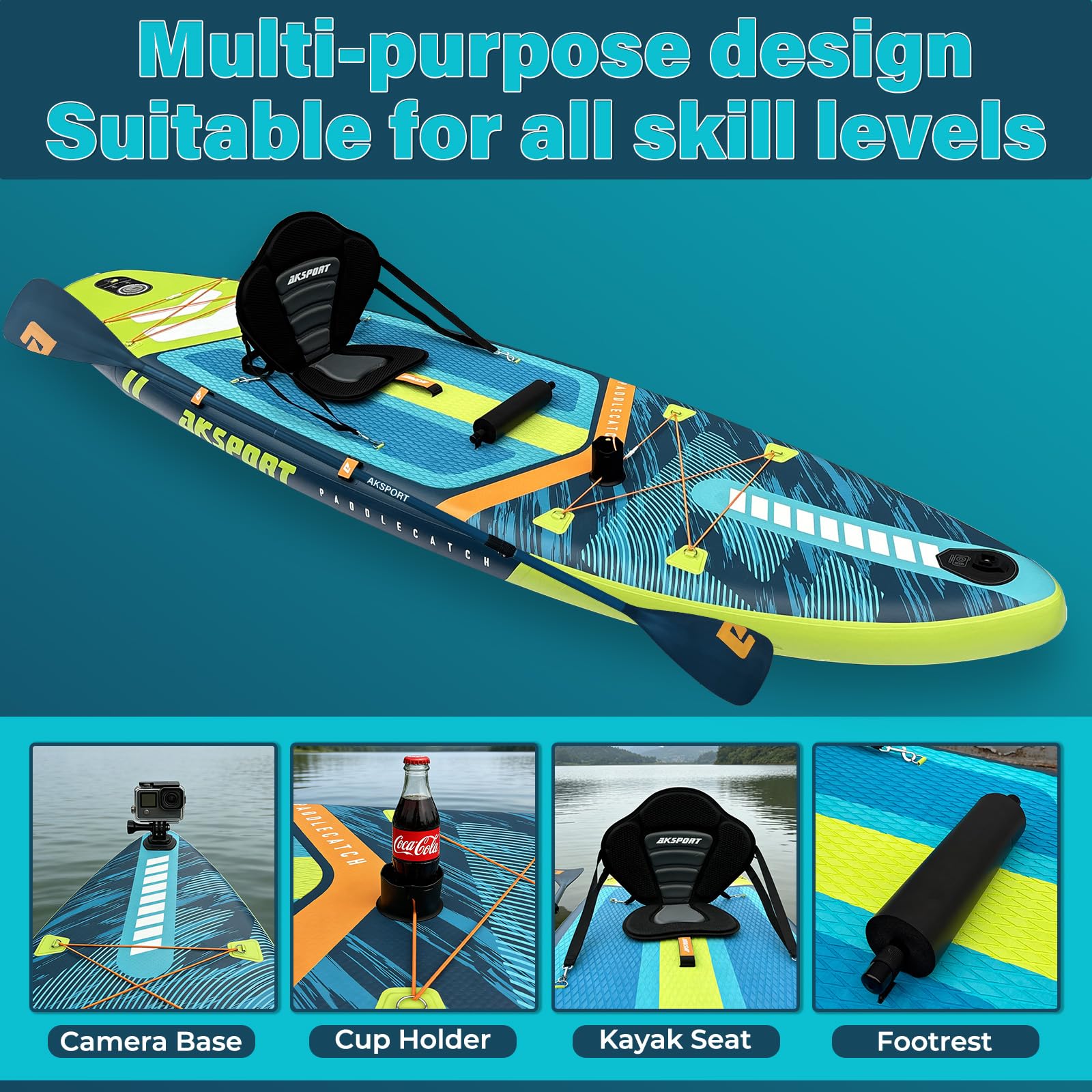AKSPORT Tabla de Paddle Surf Hinchable 11' con Kit de Accesorios Premium | Diseño Extra Ancho 34" | Superficie Antideslizante | Ideal para Adultos y Jóvenes de Todos los Niveles