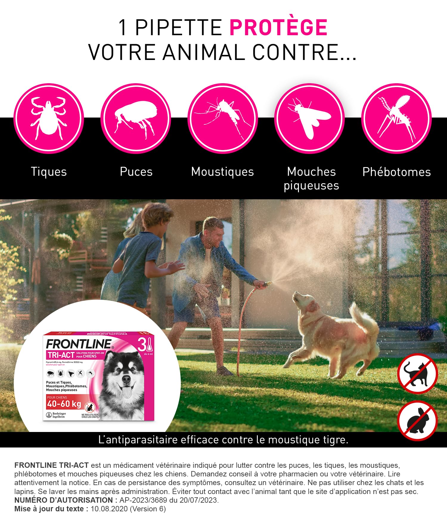 FRONTLINE Tri-Act Chien - Anti Puces, Tiques, Moustiques, Phlébotomes & Mouches - Traitement Radical En 6h - Pour Très Gros Chien De 40 à 60 kg - Fabriqué En France - 6 Pipettes Application Spot On
