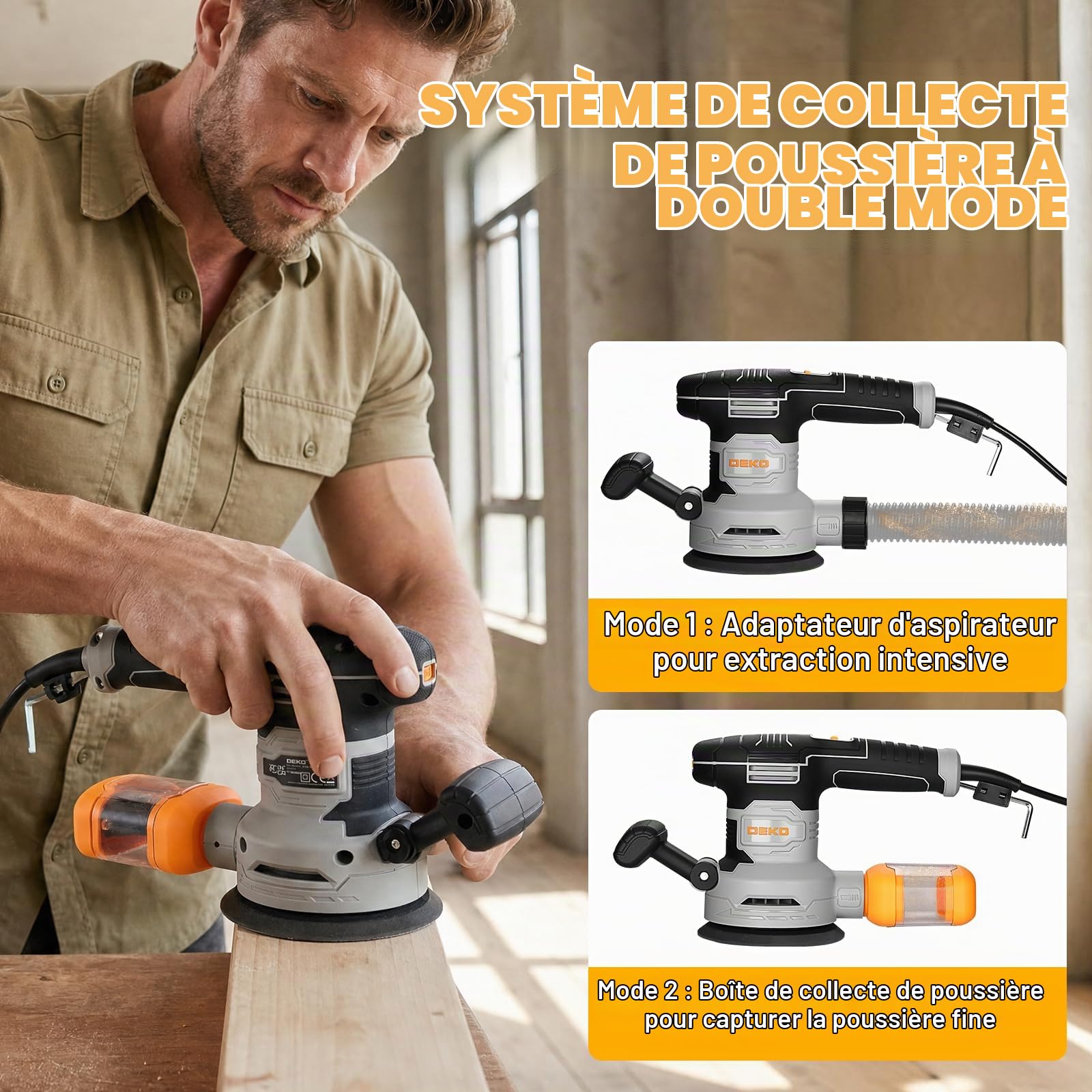 DEKOPRO Ponceuse Excentrique 450W φ125mm: Ponceuse Orbitale 14000RPM, avec 16 Pièces Papier Abrasif, Collecteur de Poussière, pour Bois, Acier, Polissage de Précision