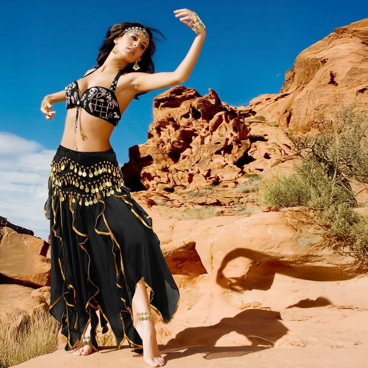 Haysandy 8 Pcs Belly Dance Outfit Sets Women,Belly Dance Skirt, Hip Scarf, 2 Bracelets, Earrings, Anklet Bracelet - Image 2