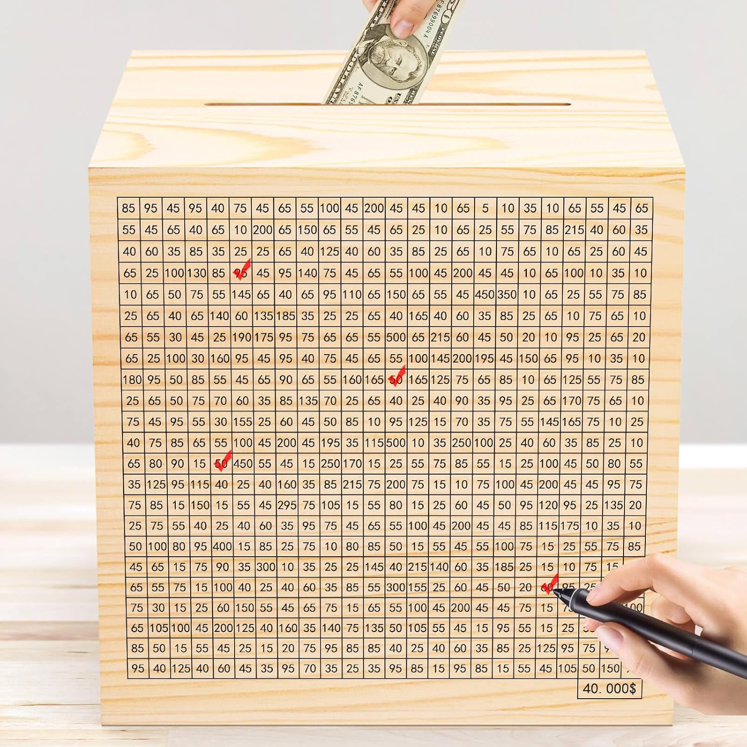 Wooden Savings Challenge Box for Adults Kids, Wood Coin Piggy Bank, Must Break to Open Cash Savings Box for $40000 Target (Natural, 12inches)