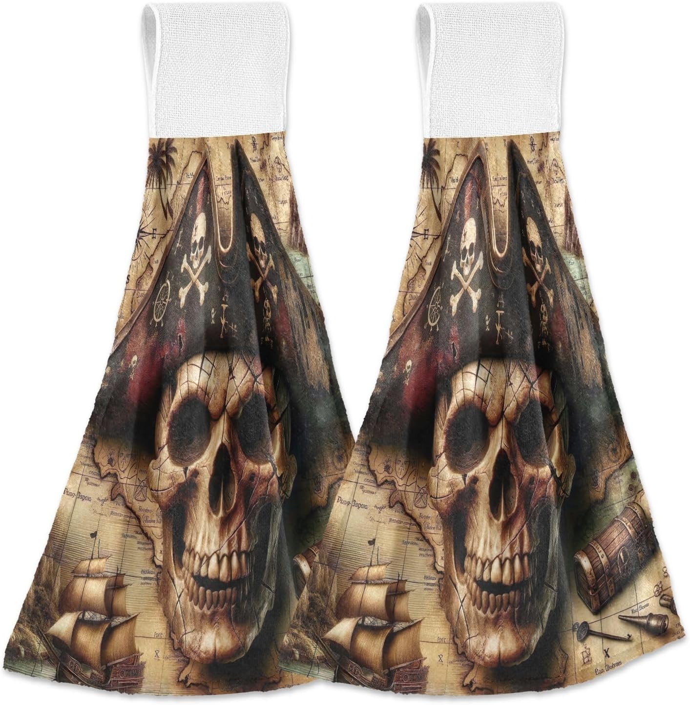 Pirate Skull Treasure Map Hanging Hand Towels with Loop, 2 Pack Coral Fleece Absorbent Kitchen Bathroom Dish Cloths with Magic Tape Hanging Design