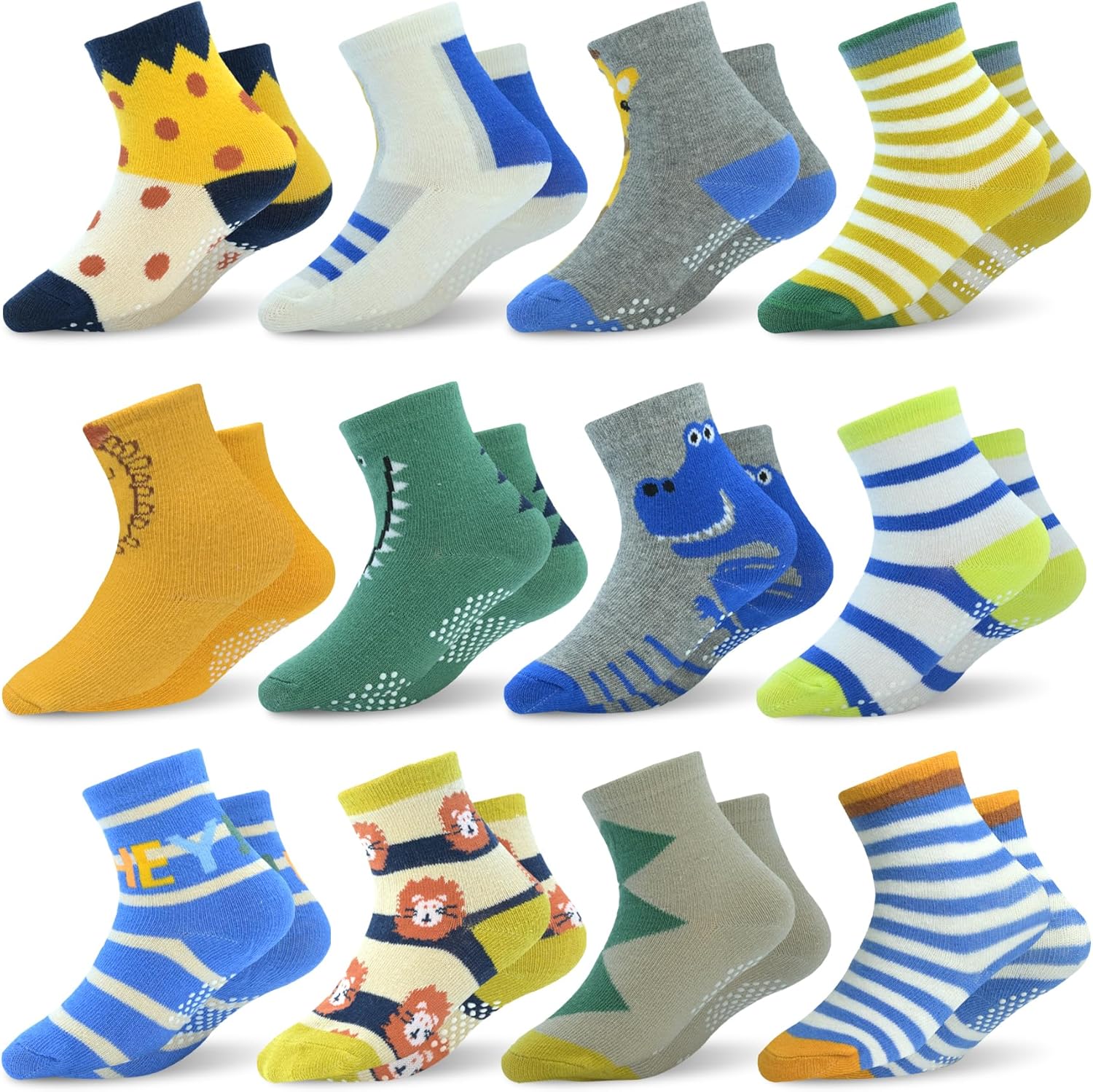 SkiBeaut Toddler Grips Socks, Non Slip Kids Toddlers Boys Girls Grippy Child Socks with Grippers for 1-7 Years Old,12 Pairs
