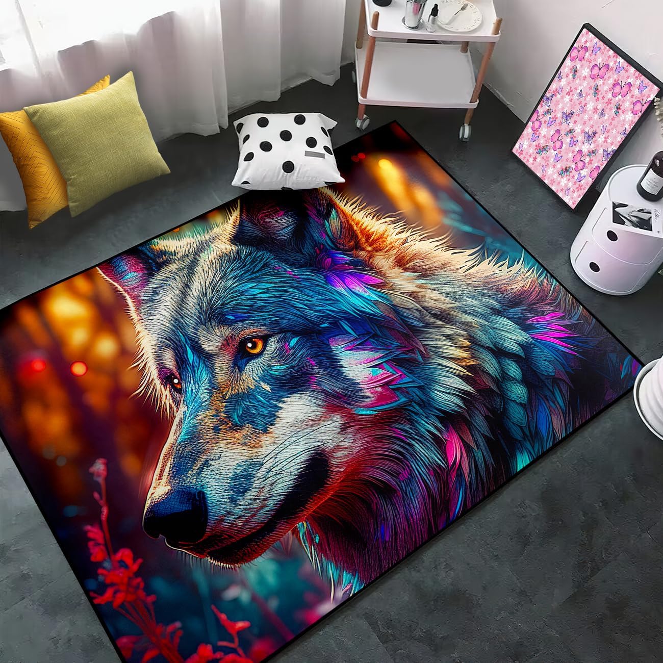 Wolf Rugs for Bedroom Wild Fierce Wolf Area Carpet for Teens Boys, Animal Print Rugs for Living Room Indoor Outdoor Carpet Mat, 2x3 Feet