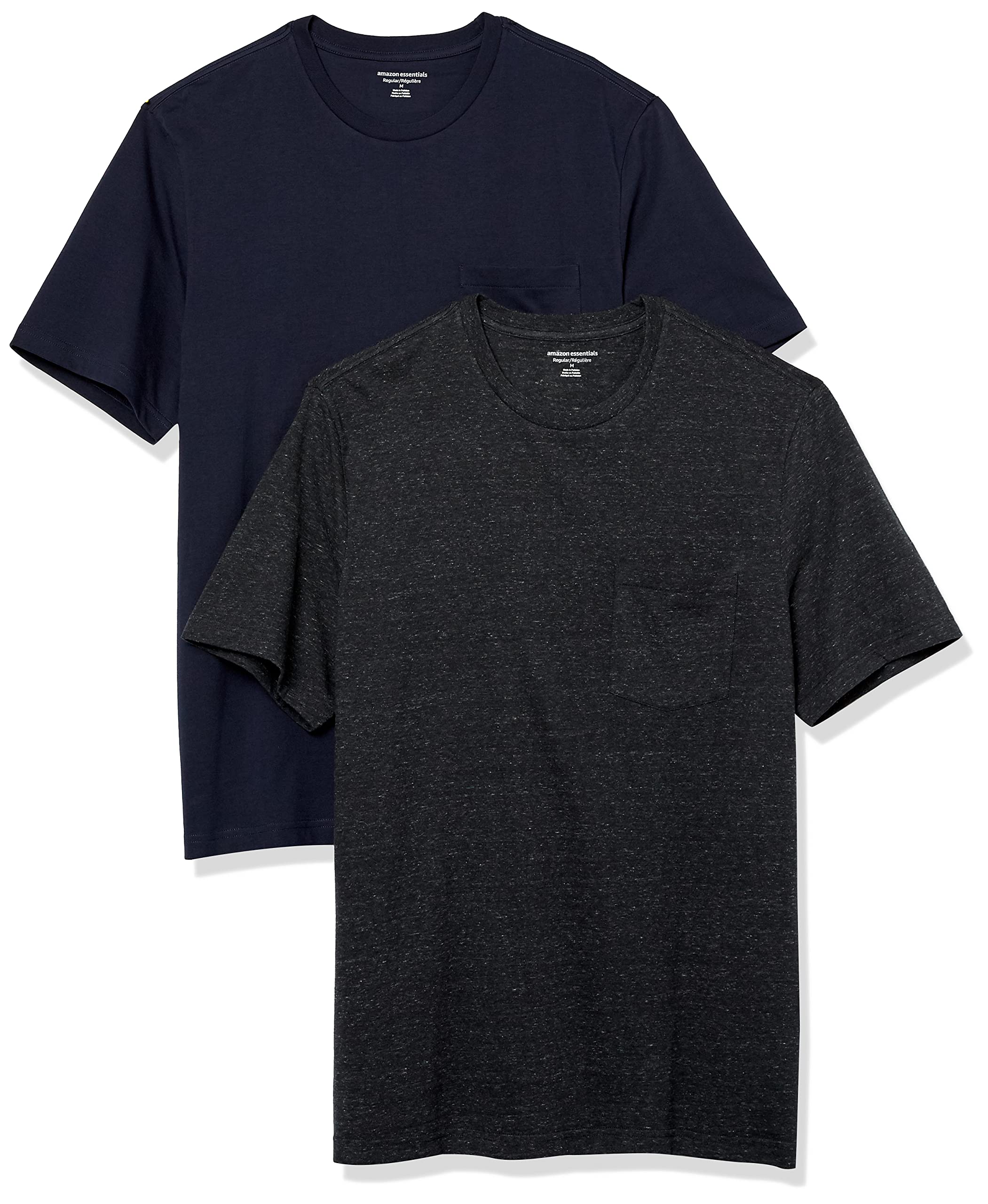 Amazon Essentials Men's Short-Sleeve Crewneck Pocket T-Shirts, Pack of 2, Charcoal Heather/Navy, L