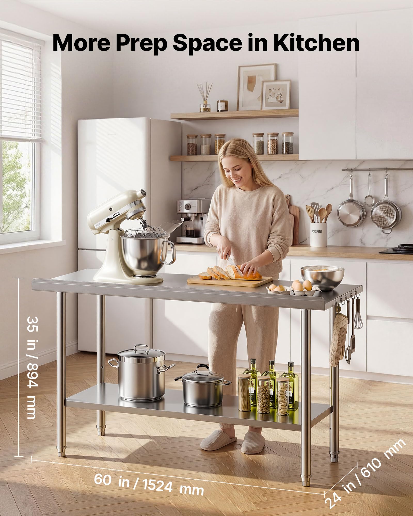 VEVOR Tavolo da Lavoro per Cucina in Acciaio Inox, Tavolo di Preparazione da Cucina 152,4 x 61 cm Isola Centrale per Catering Bar Hotel Ristorante Banchetti Banco da 2 Ripiani con Alzatina Senza Ruote