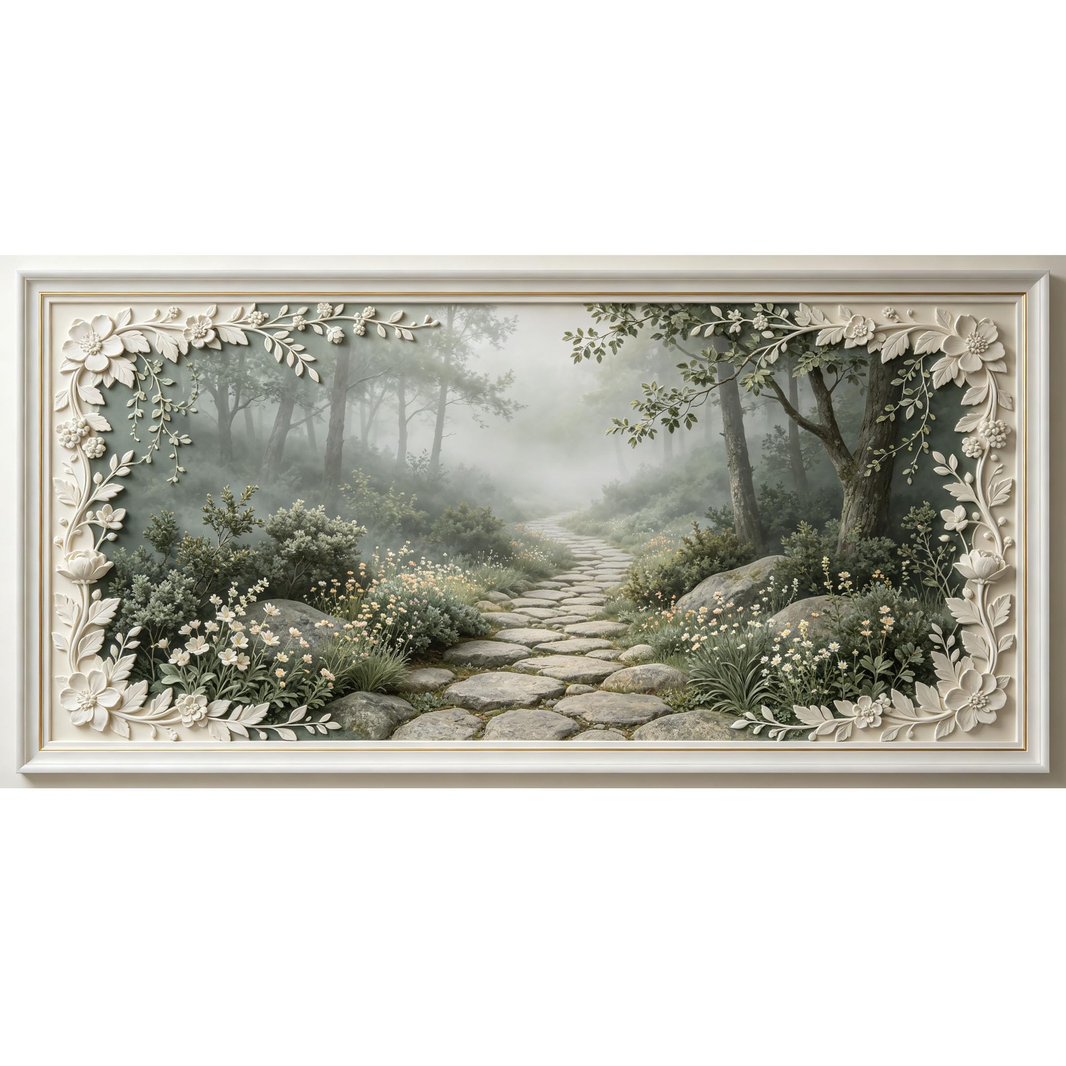 Agglomerix 3D Framed Wall Art Misty Forest Path Floral Botanical Relief Effect Large Size SelfAdhesive Removable Wall Decor Prints Artwork for Living Room Bedroom Office