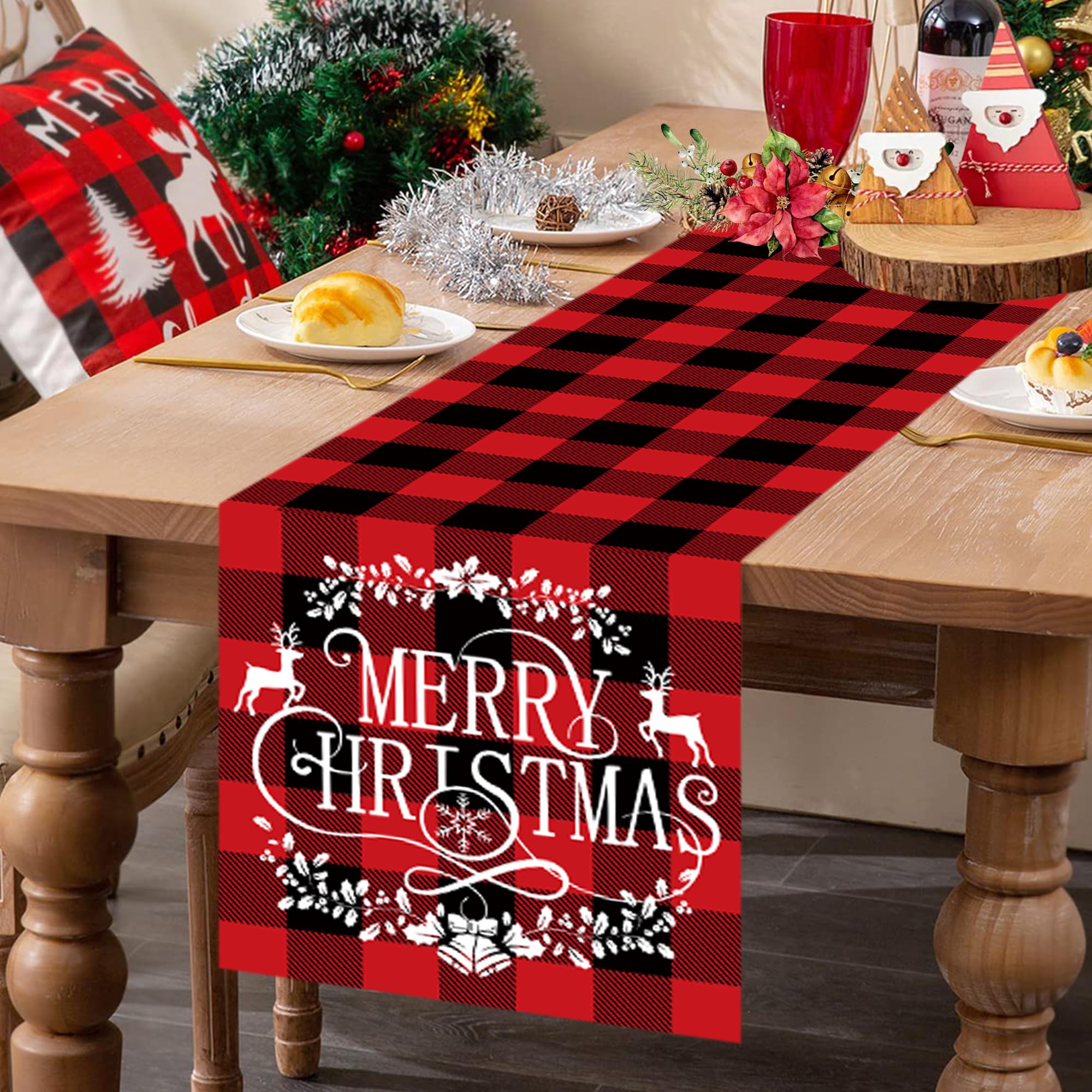 Camino de mesa de lino a cuadros rojos y negros para invierno, Navidad, vacaciones, camino de mesa de comedor, decoración del hogar, fiesta, 13 x 72 pulgadas