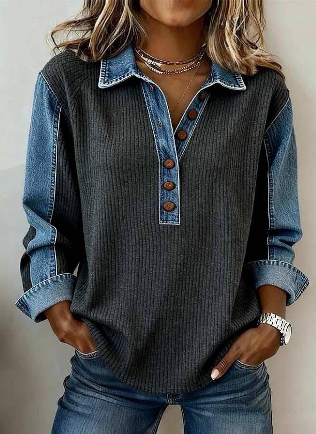 Women's Waffle Knit Top with Denim Collar Cuffs Button Front Long Sleeve Pullover Casual Office Outfits - Image 2