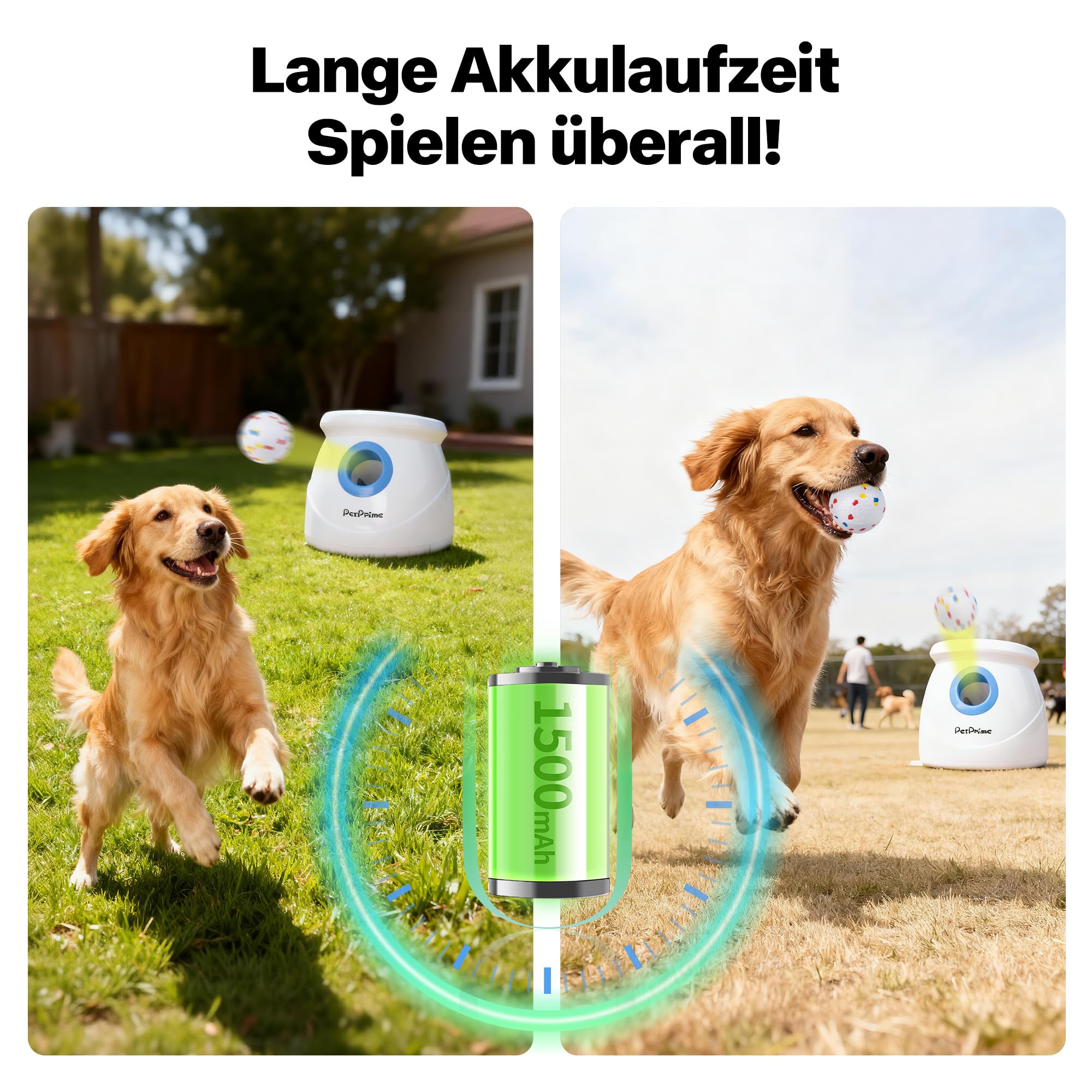 Pet Prime Upgrade Groß Automatischer Ballwerfer für Hunde, interaktives Ballwurfmaschine für große Hunde mit Reichweite von 3 bis 20 Metern, mit 6X 6,35cm ETPU-Bällen und Trainingspfeife