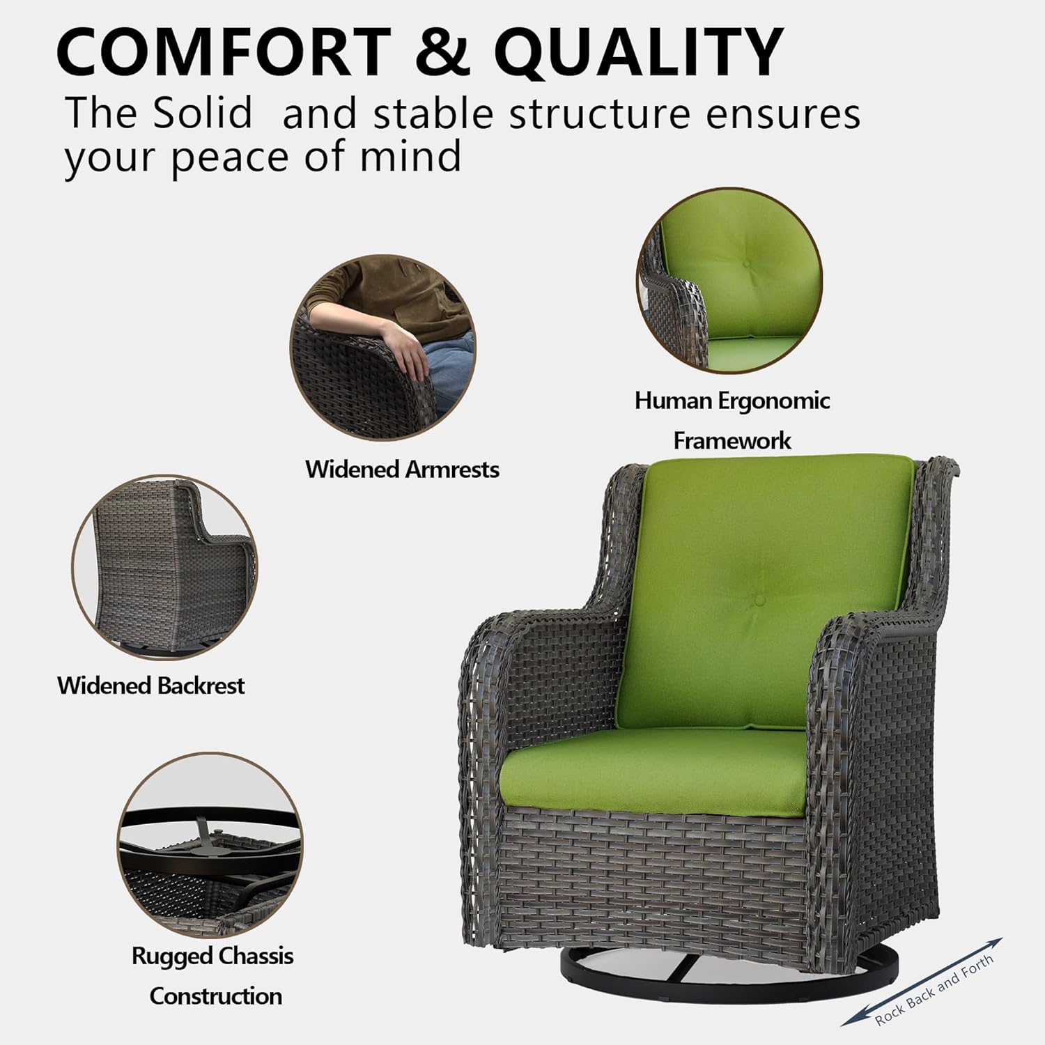 Outdoor 360 Degree Swivel Rocker Patio Chairs Sets of 2 and Matching Side Table - 3 Piece Patio Wicker Glider Chairs with Olefin Cushions(Mixed Grey/Green)