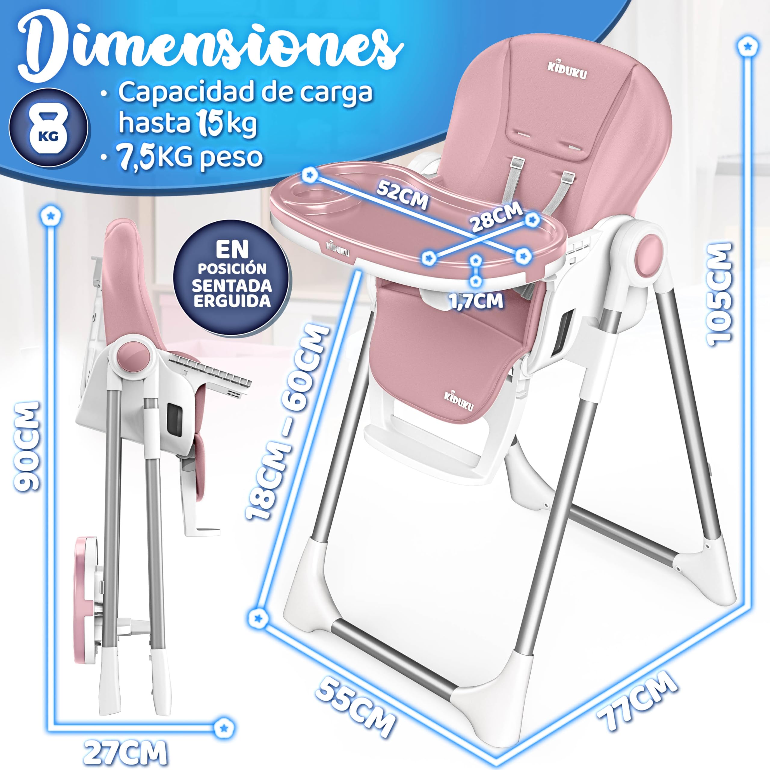 KIDUKU® Trona Bebé 3 en 1 Reclinable para Recién Nacido | Trona Infantil Plegable con Arco de Juego | Silla Evolutiva Altura Ajustable 7 Niveles | Crece con el Bebé 0-36 Meses (Rosa)