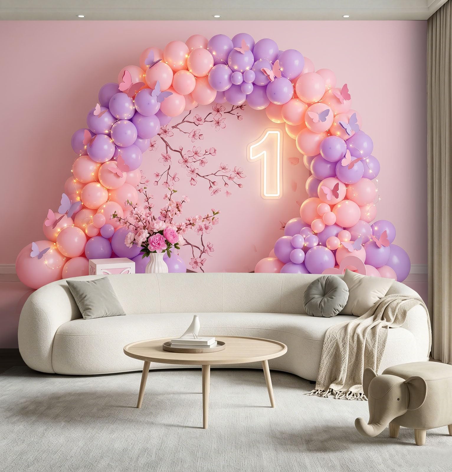 Vlies Fototapete Romantisch 250 x 175 cm - Fototapeten Tapeten für Wohnzimmer Schlafzimmer Kinderzimmer - Vliestapete Wandtapete Wanddeko 3D Effekt - Rosa Ballonbogen Lichterkette Schmetterlinge
