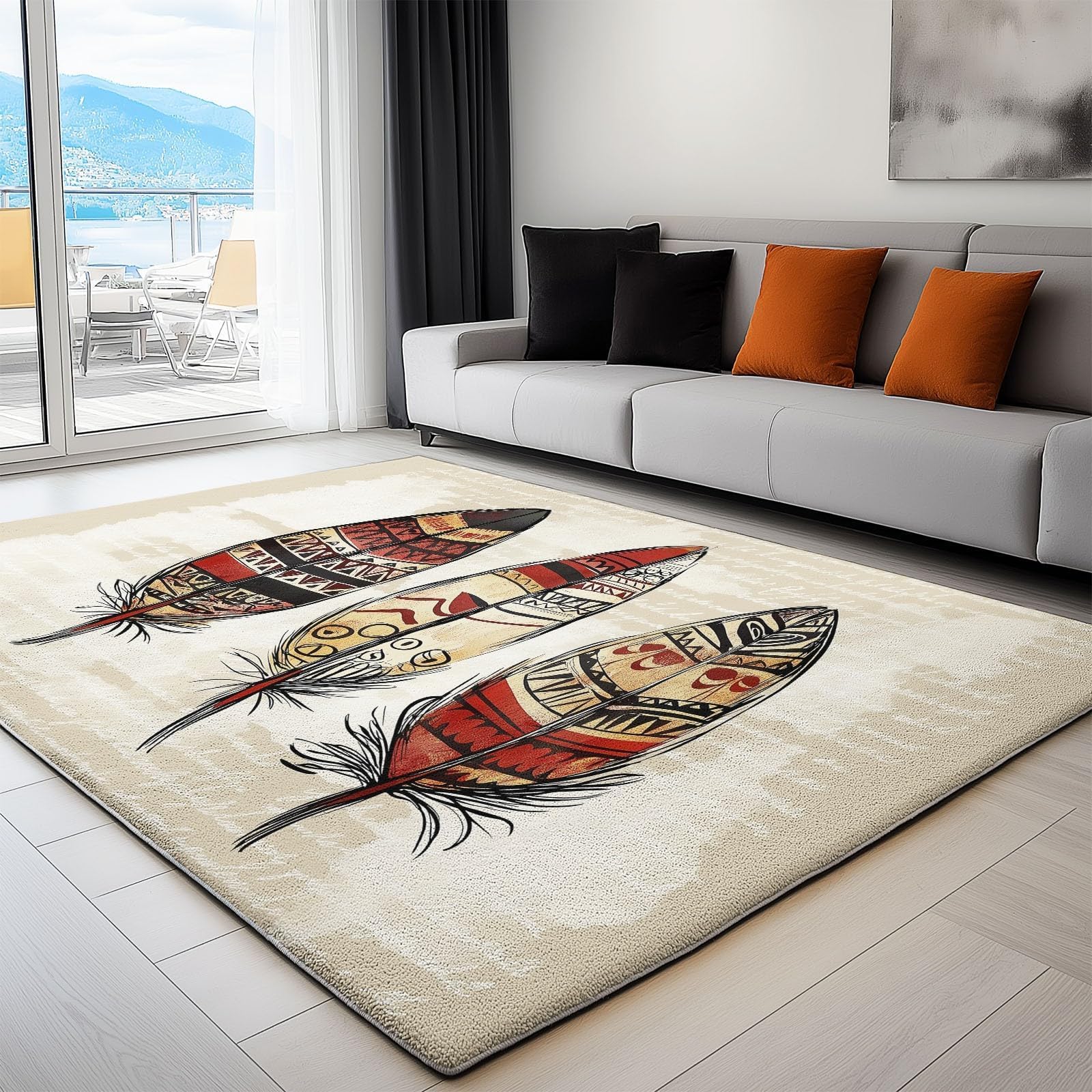 Alfombra Lavable Azteca para Sala de Estar, 200 x 300 cm, Estilo Nativo Americano, Estilo Retro de Plumas, Antideslizante, para Dormitorio, Comedor, de Pelo Corto, para Entrada, Cocina, Fina