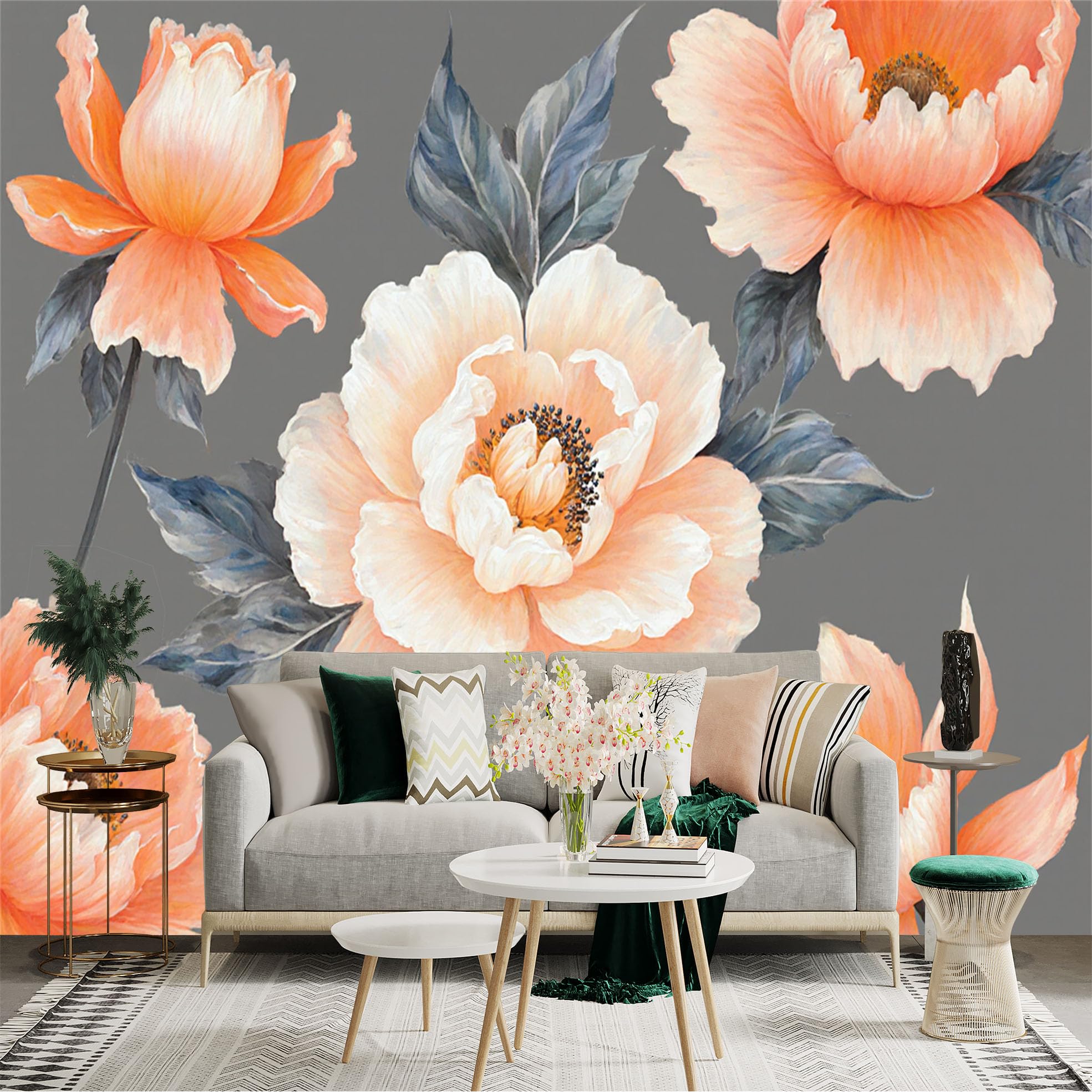 Custom Size Wall Sticker Mural， Elegant Peach Peony Blooms， Botanical Art Floral Pattern， Soft Pastel Petals with Deep Grey Leaves， for wall Decoration， peelandstick wall Decals.