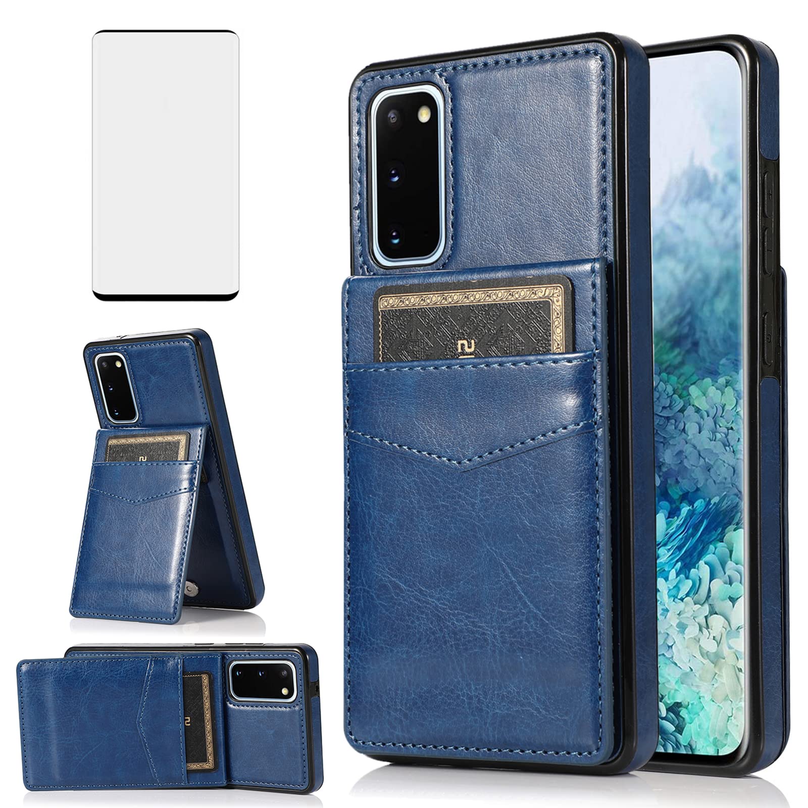 Phone Case for Samsung Galaxy S20 Glaxay S 20 5G UW 6.2 inch with Tempered Glass Screen Protector Credit Card Holder Wallet Cover Stand Leather Cell Accessories Gaxaly 20S G5 Cases Women Men Blue