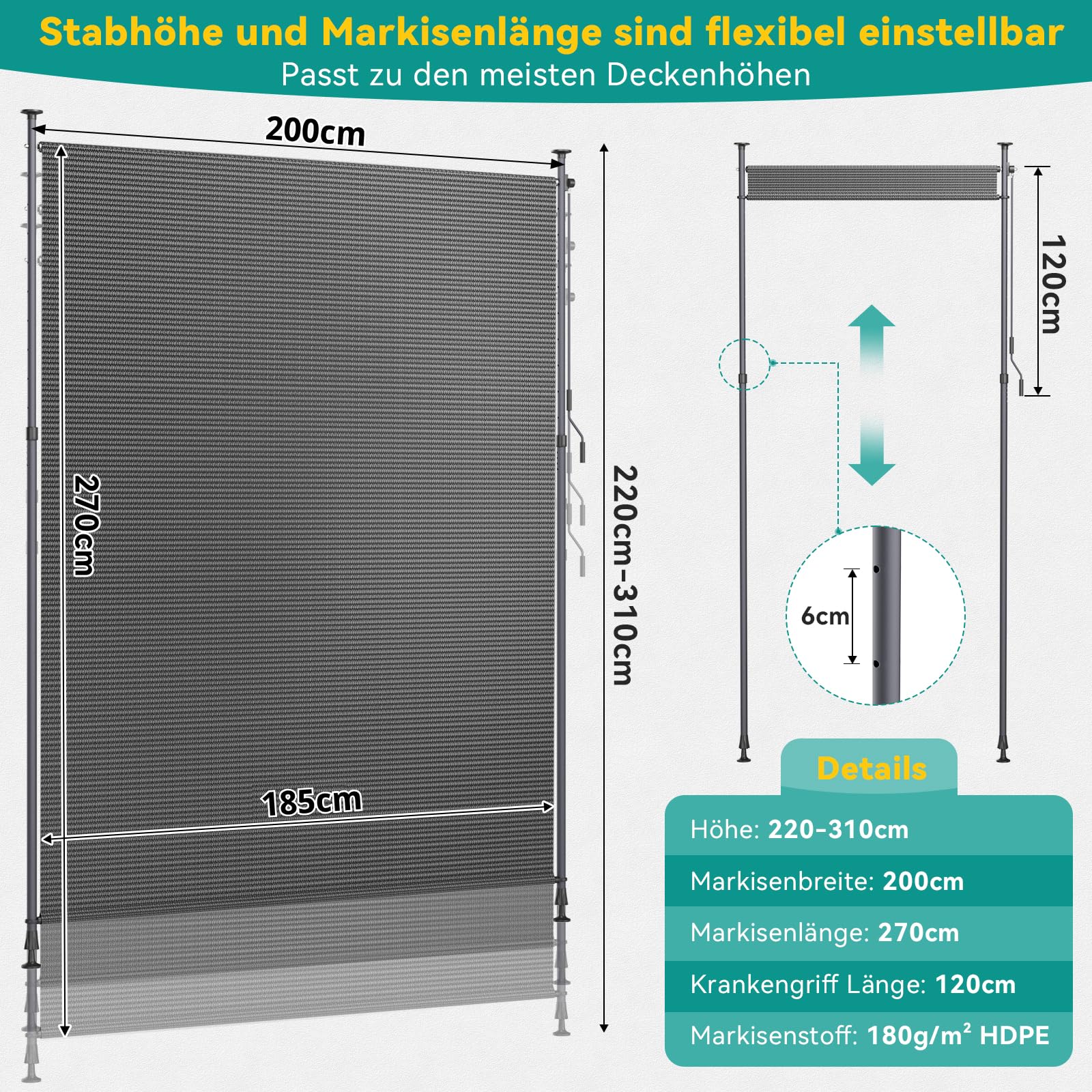 LIFERUN HDPE Klemmmarkise Senkrechtmarkise Außen 200×310cm, Balkon Sichtschutz ohne Bohren, ausziehbare Seitenmarkise, Sonnenschutz Windschutz Wasserfest,für Balkon Garten Terrasse,Grau,2 PCS Stangen