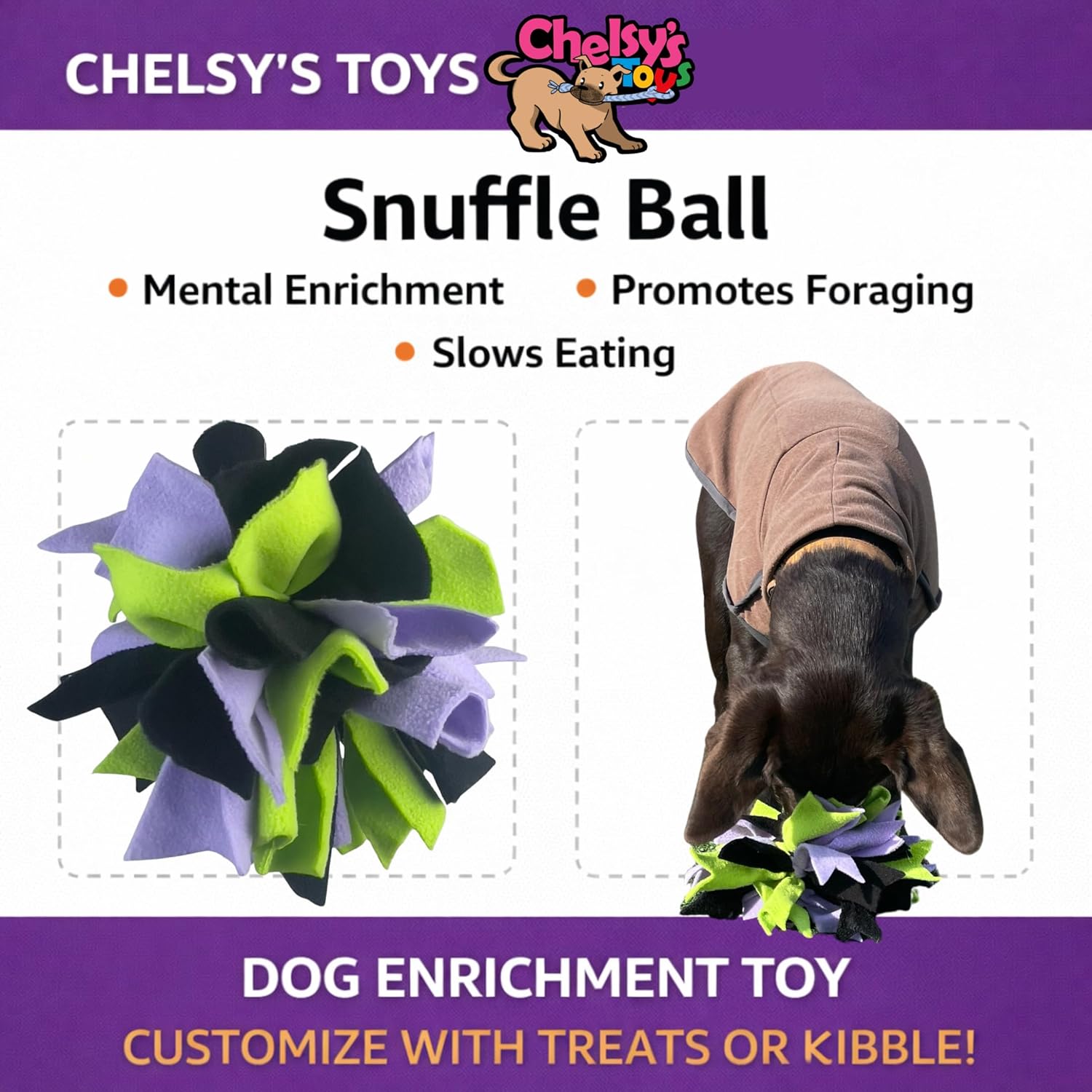 Chelsy's Toys Interactive Snuffle Ball for Dogs, Mental Stimulation Toy, Slow-Play Treat Dispenser, Brain Exercise for Puppies & Seniors, Teething Relief, Blue, Orange, Purple Refill Pack
