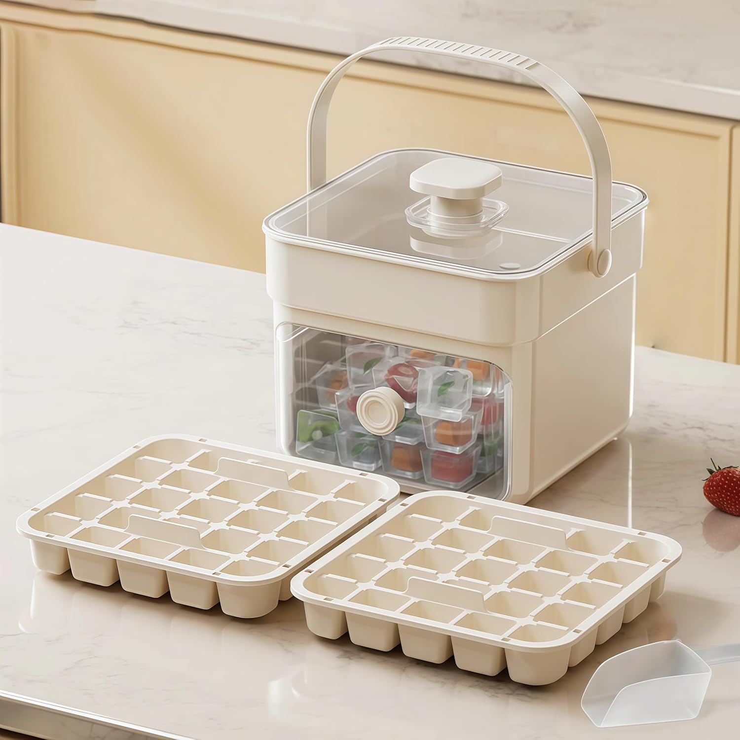 Instant Ice Cubes in Seconds – Just Press & Release! Portable Ice Cube Molds with Carry Handle, Basket and Scoop, This Ice Maker Makes 25/50Cubes/Serv, Sealed & Stackable Design (White, Double)