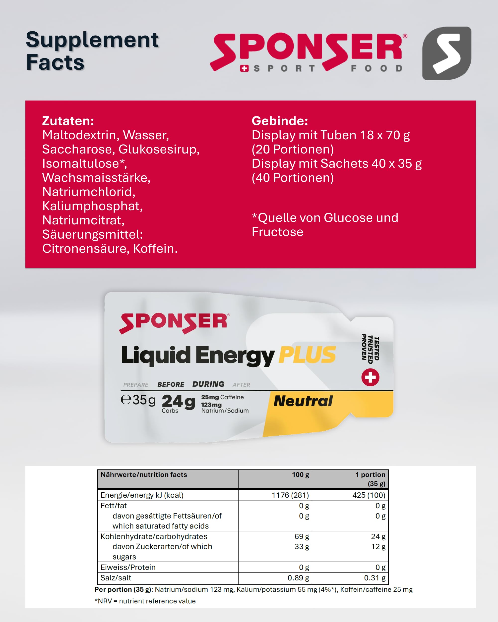 SPONSER Liquid Energy Plus - Kohlenhydrat-Gel mit Koffein - Neutral