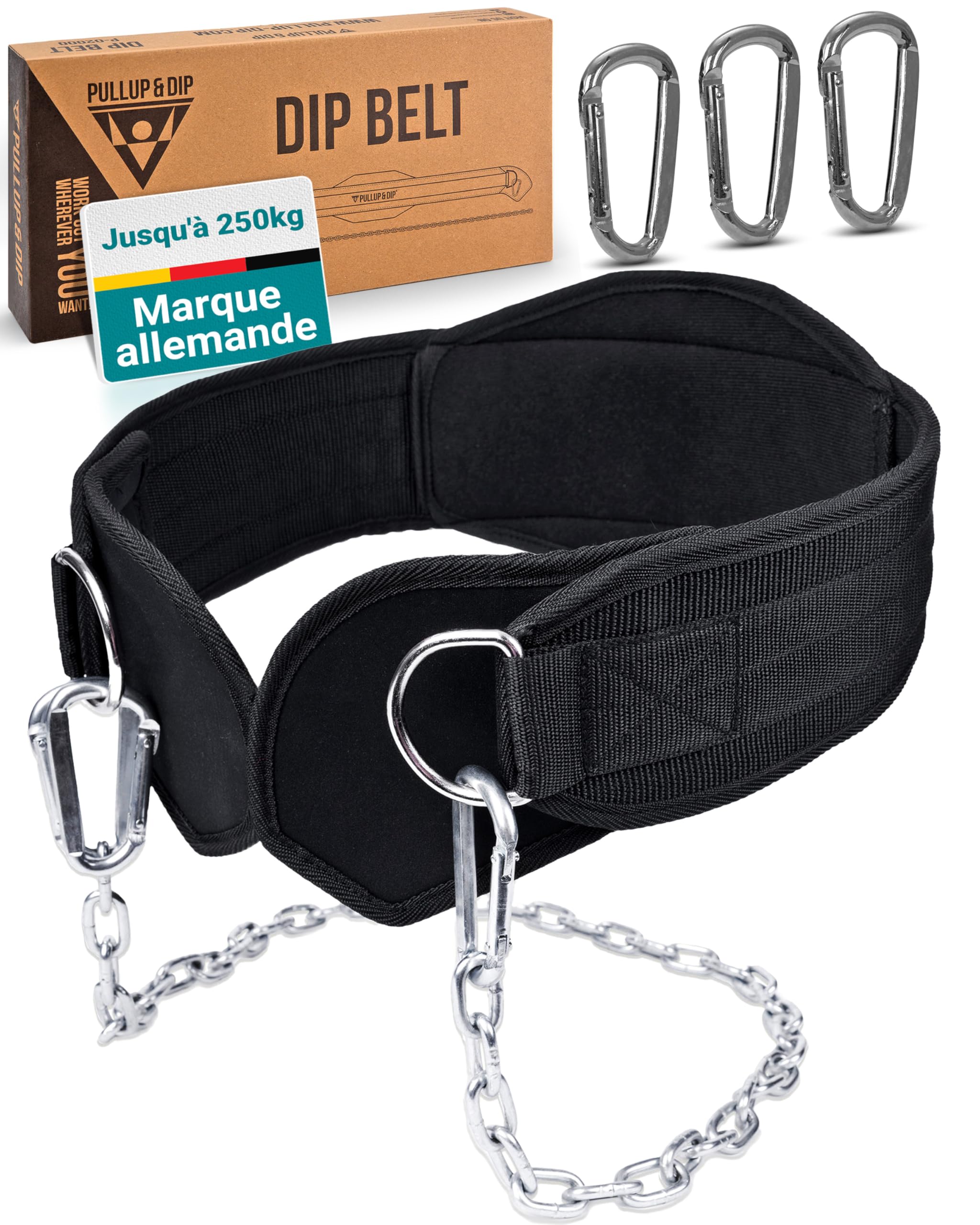 PULLUP & DIP Ceinture Lestee avec Chaîne et 3x Mousquetons, Dip Belt avec Rabats en Néoprène pour Protéger les Vêtements, Ceinture d'Haltérophilie, Dip Belt, Ceinture de Tractions pour Musculation