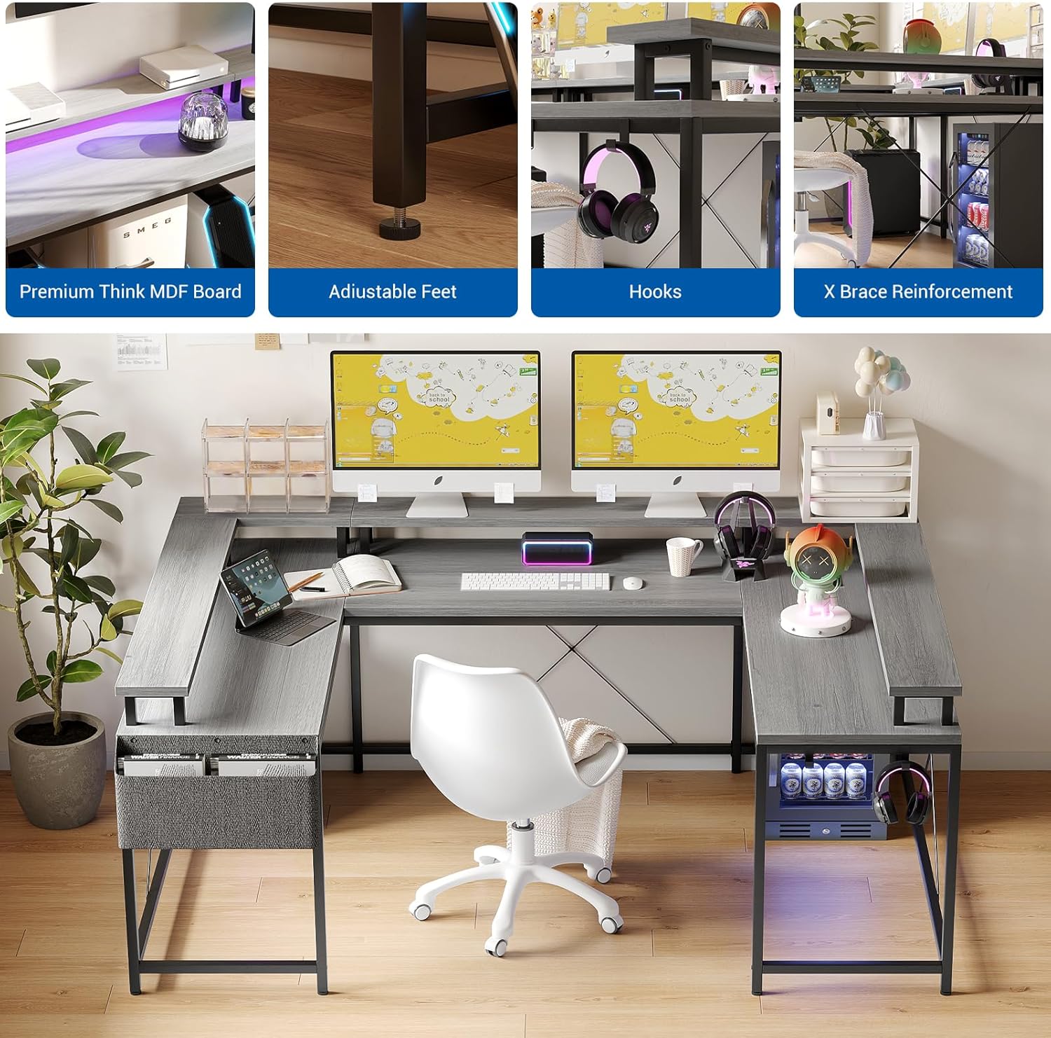 L Shaped Gaming Desk with Power Outlets & LED Lights, Reversible U Shape Corner Computer Desk with Monitor Stand, Storage Shelves for Home Office, Grey Oak