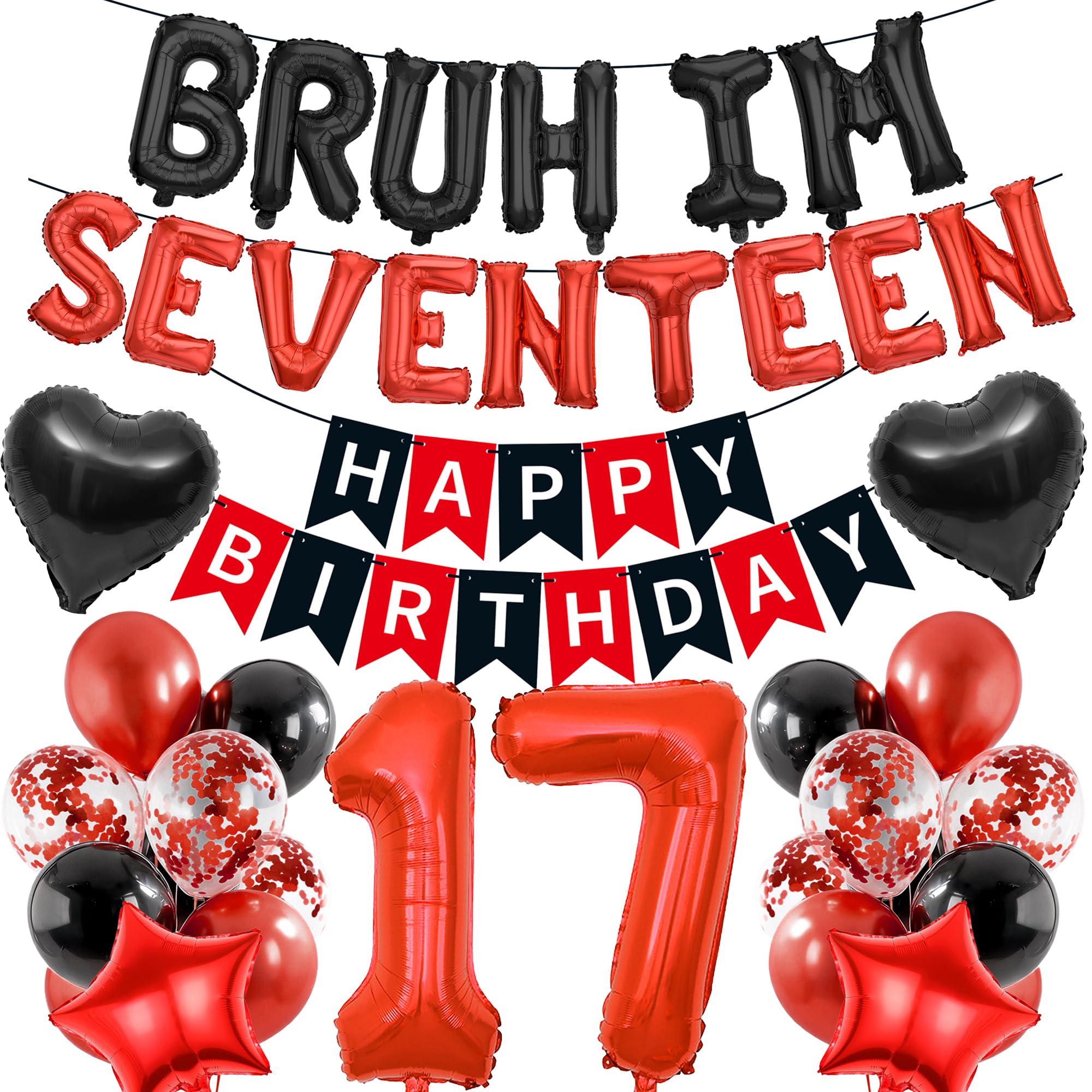 17th Birthday Decorations Banners Boy - 40 Pcs Black and Red Happy Birthday Banner BRUH I'M SEVENTEEN Star Heart Number 17 Foil Balloons Decoration Sequin Balloons for 17 Years Old Boys Party Decor