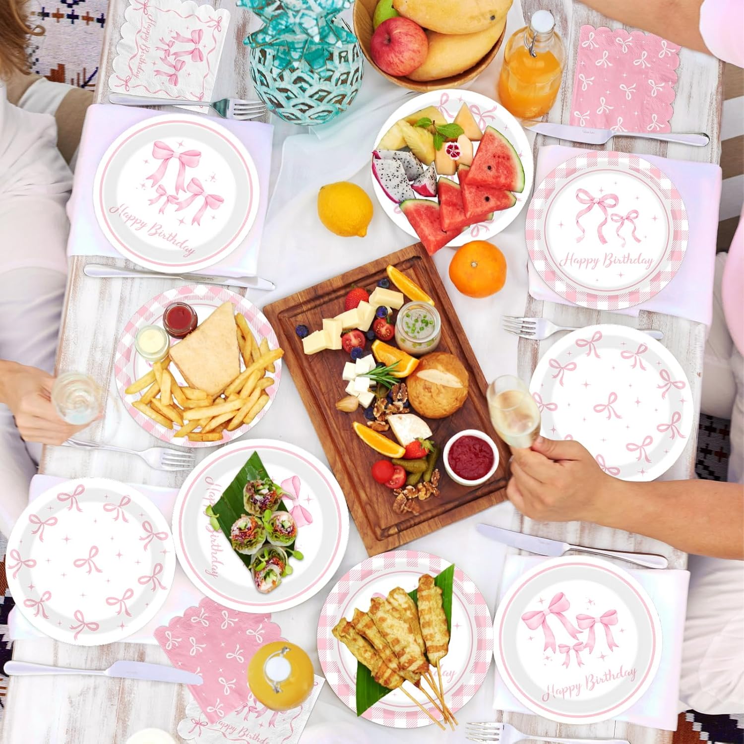Pink Bow Birthday Decorations Serve 24, Coquette Birthday Decorations Tableware Sets Include Plates Napkins Cups Banner Balloons Tablecloth Cake Topper for Girls Party Supplies