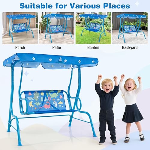 Miniatura 5 de HONEY JOY Columpio de patio para niños, 2 plazas para porche al aire libre, toldo ajustable y cinturón de seguridad, resistente a todo tipo de