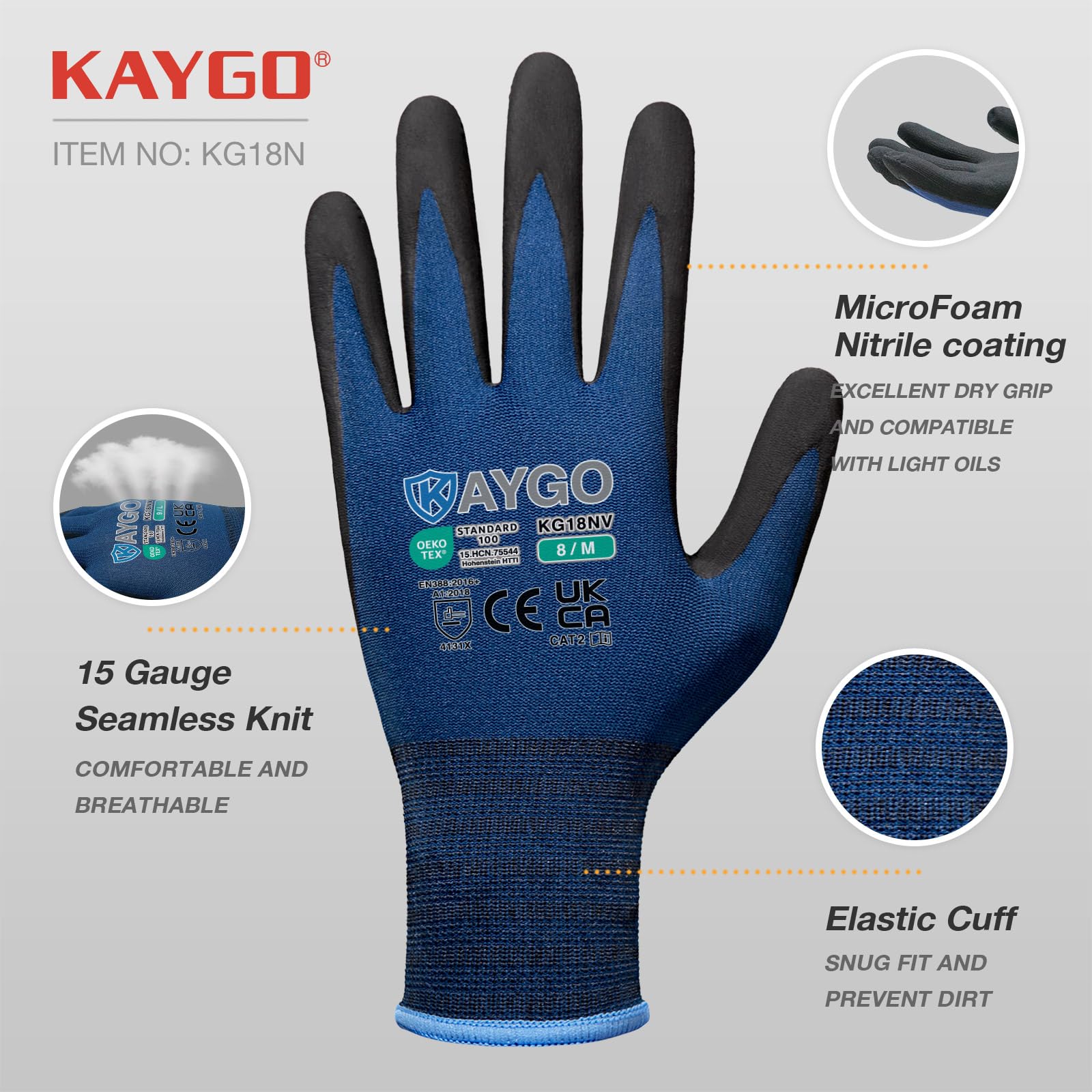 KAYGO Safety Work Gloves MicroFoam Nitrile Coated 12 works, KG18N - Image 2
