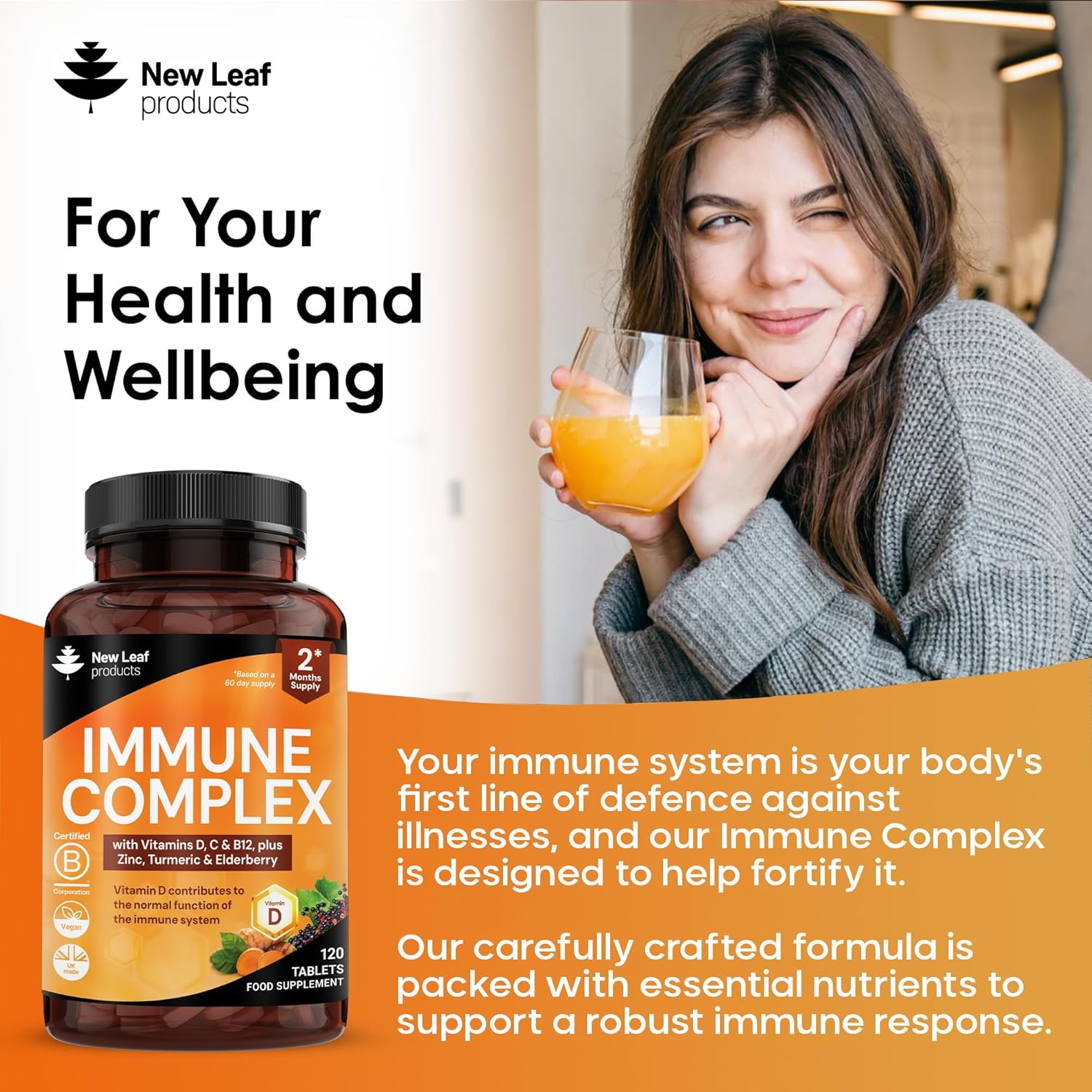 Vitamin D3 Immune Booster Complex - with Vitamins D,C, B12, Zinc, Turmeric & Elderberry - Immune Support - Made in The UK - Immunity Booster by New Leaf 120 Tablets 81pLLwcdXxL. AC SL1500