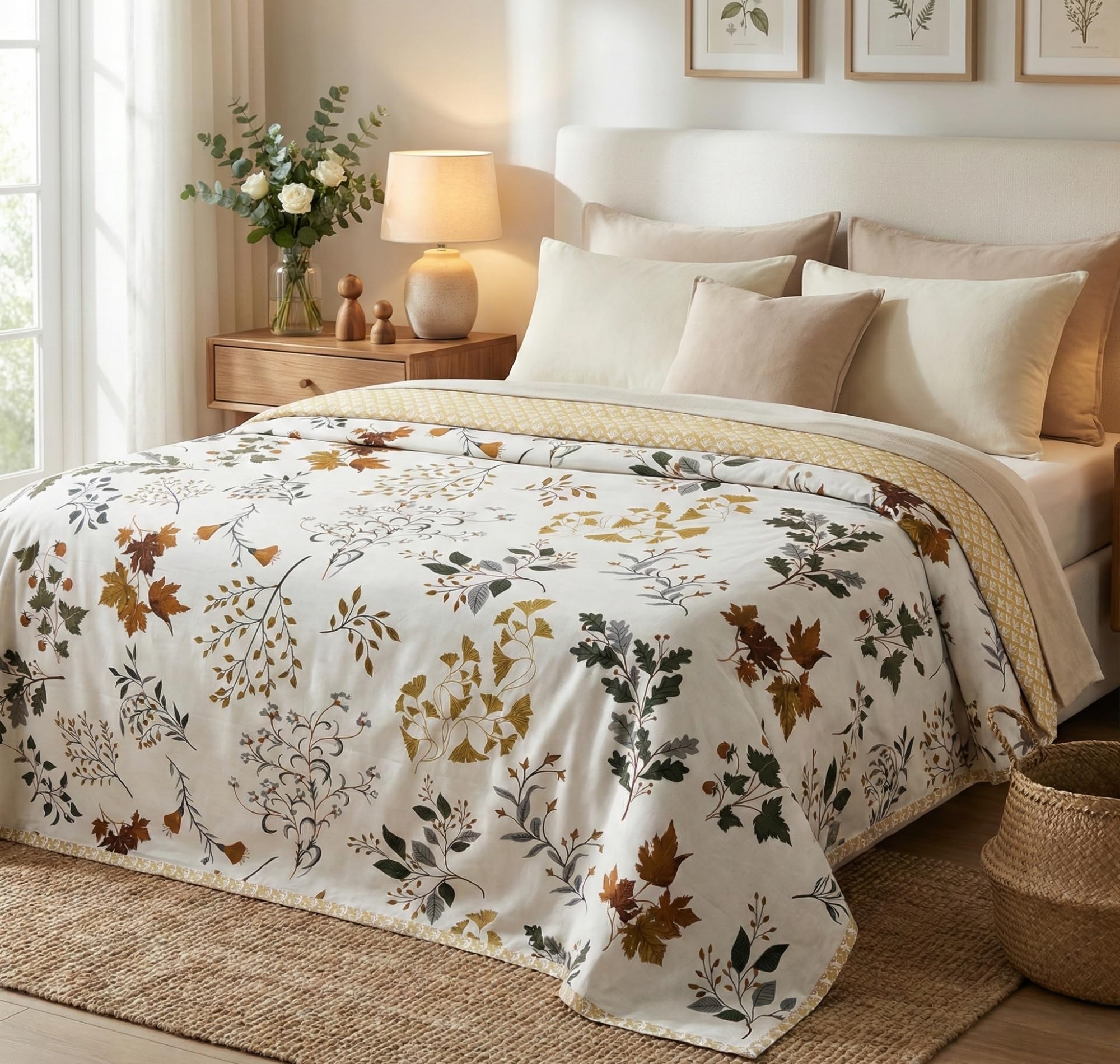 VAS COLLECTIONS Cotton AC Blanket for Double Bed (220×230 cm) | Reversible Soft Lightweight All-Season Blanket | Skin-Friendly & Breathable Comforter (Golden Leaf Garden)-image-2