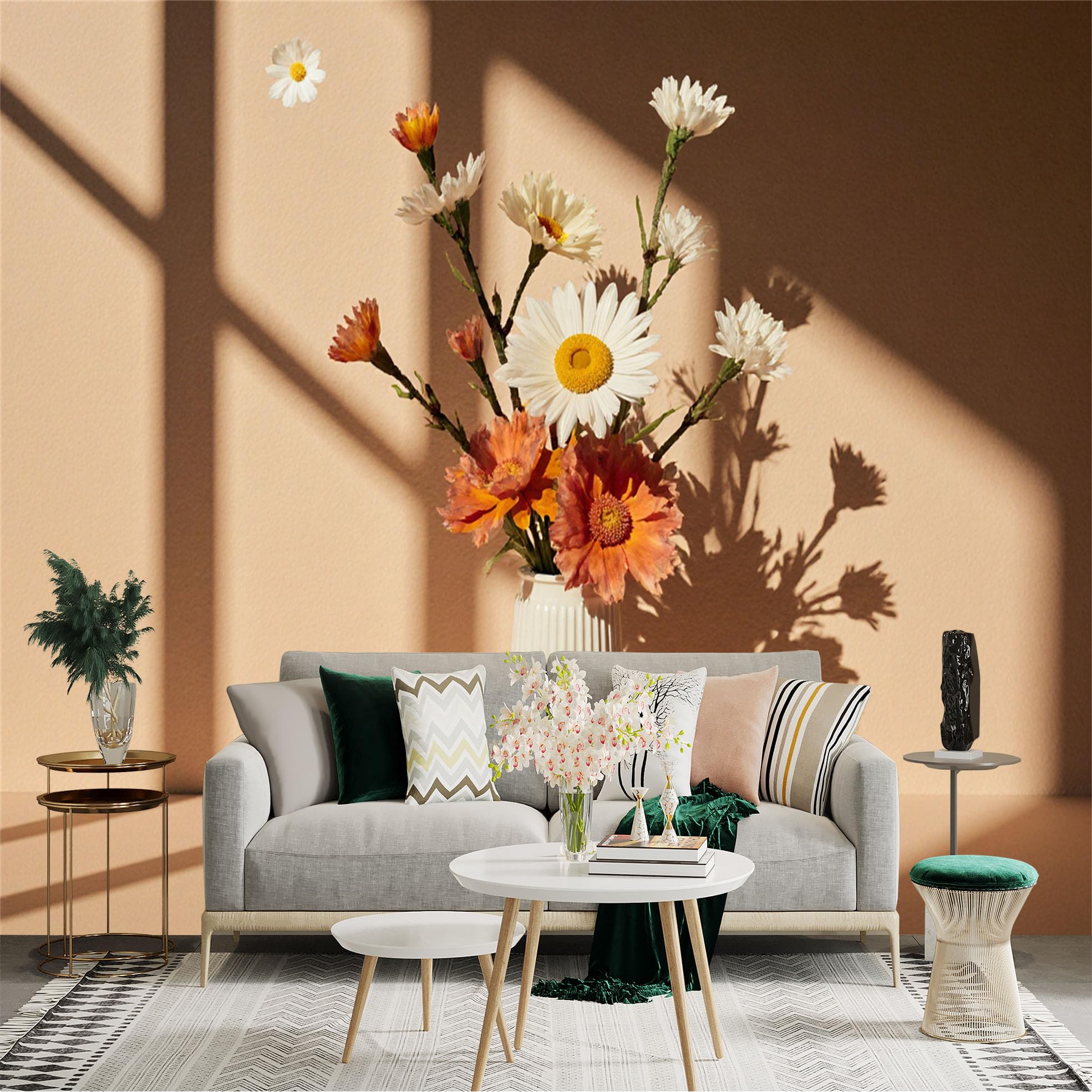 Custom Size Wall Sticker Mural， Minimalist Vase with Vibrant Wildflowers， Sunlight and Shadow Aesthetic， Elegant Botanical Art， for wall Decoration， peelandstick wall Decals.