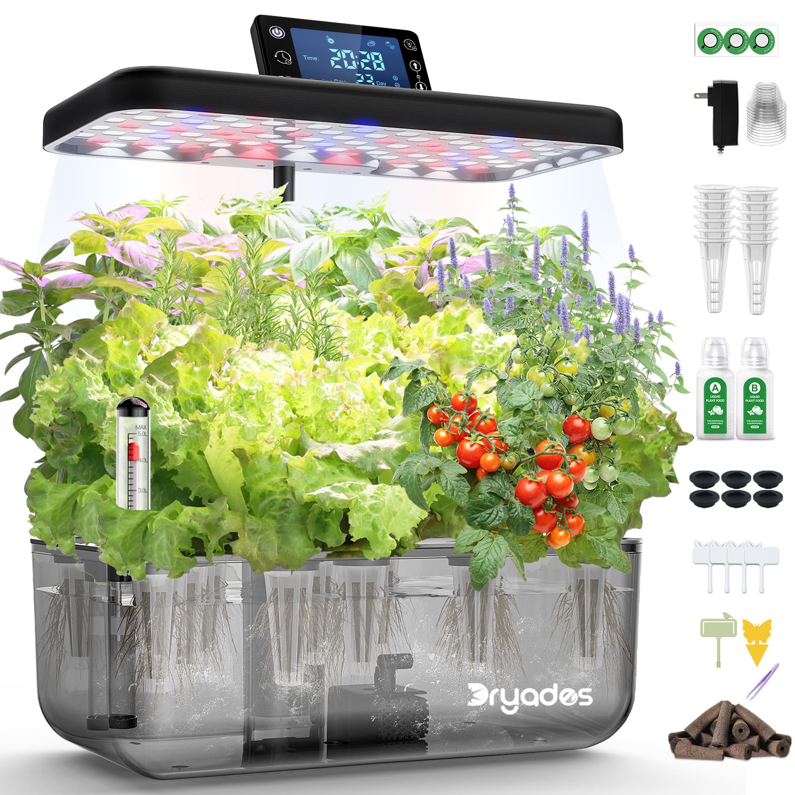 DRYADES Hydroponic Growing System Kit 12 Pods, Smart Herb Garden with 24W Full Spectrum LED Grow Light, Indoor Garden Planter for Home/Office/School (Translucent Black)