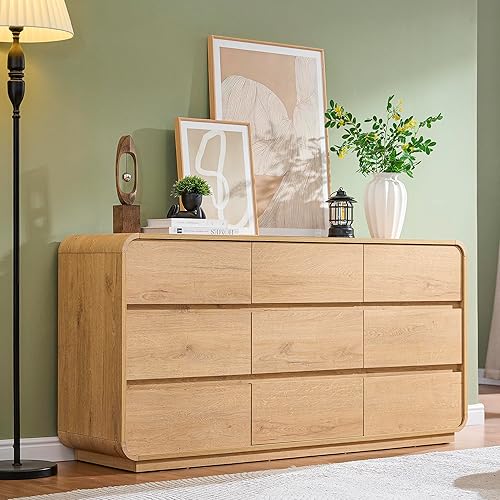 Standifurno Natural Dresser for Bedroom with 9 Drawers, 57" Wide Modern Drawers with Curved Design, Wood Drawer Organizer for Living Room, Hallway