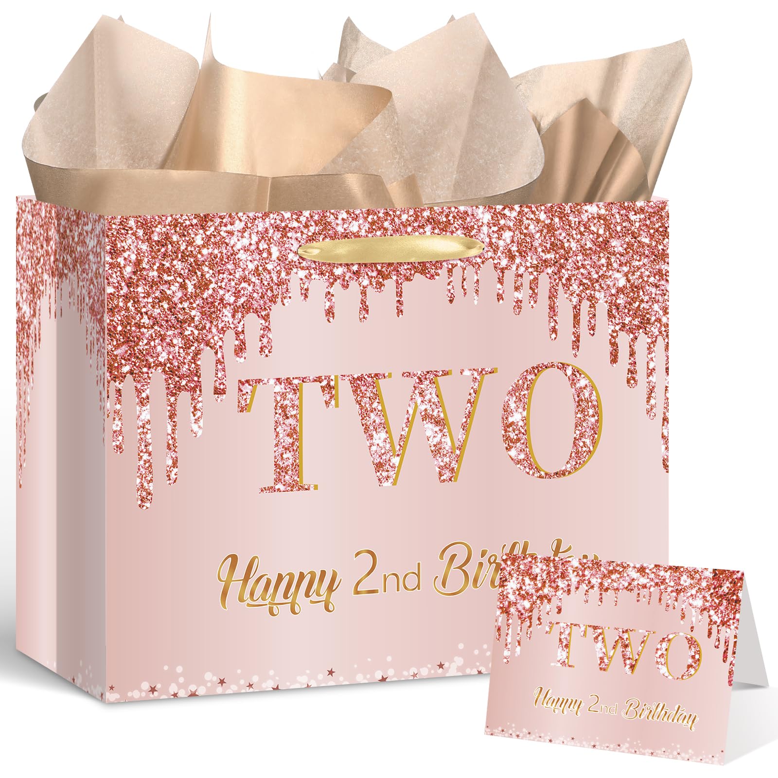 12'' Large Rose Gold 2nd Birthday Gift Bag for Baby Girls Pink Happy Two 2nd Birthday Gift Bag with Birthday Wrapping Paper and Card for 2nd Birthday Decorations Baby Shower Party Supplies
