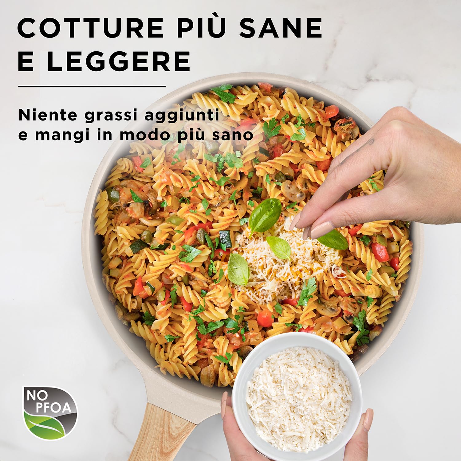 KASANOVA Batteria pentole antiaderenti 6 pezzi Bambù, Padelle e casseruole per induzione e tutti i piani cottura, Set pentole bianco con manici effetto legno