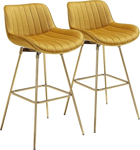 Fat Ant Juego de 2 taburetes de bar giratorios de terciopelo para mostrador, sillas de bar de 29 pulgadas de alto con respaldo y patas doradas,