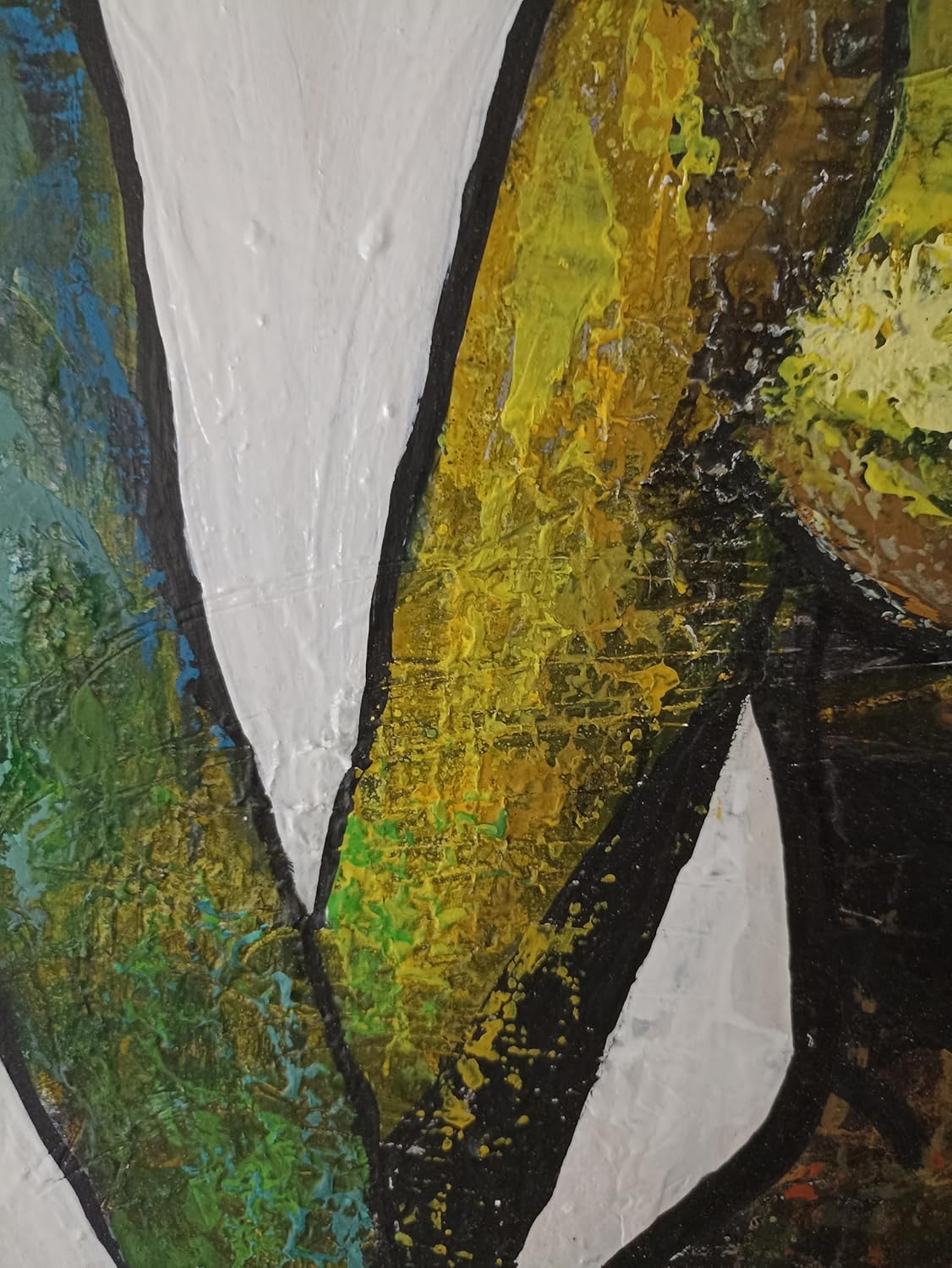 Mixed Media Painting on Canvas, Abstract Human Figures, Blue and Yellow