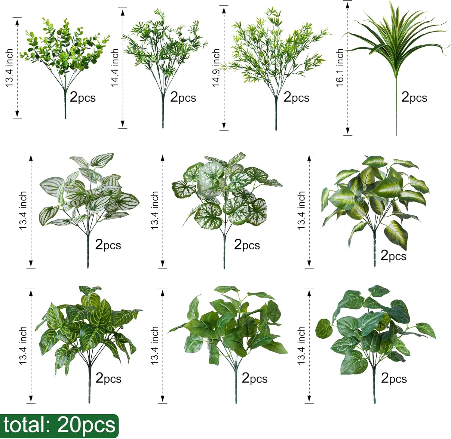 Starttag Artificial 20pcs Bunches Greenery Plants Fake Plastic Leaves with Stems UV Resistant Outside Faux Plants Bushes for Outdoor Patio Garden Front Porch Yard Decor