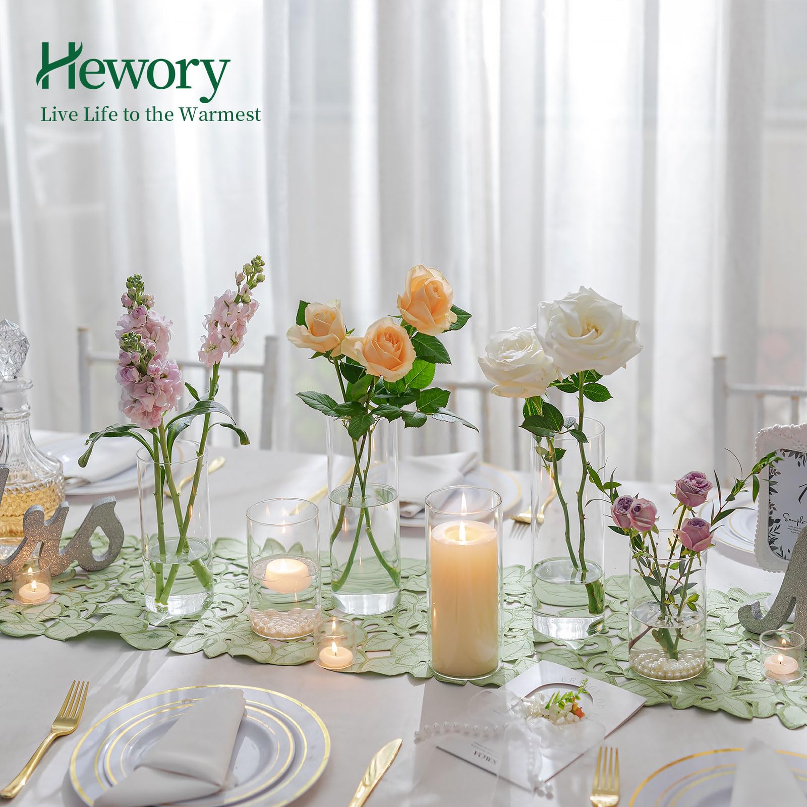 Hewory Jarrones de Cristal Cilíndricos Set de 6, Jarrón Alto de Cristal Transparente para Flores, Portavelas de Huracán para Velas de Pilar Flotantes, Florero para Centro de Mesa, 15/20/25cm | Jarrón de cristal para flotar, vela de té, pilar, centro de me