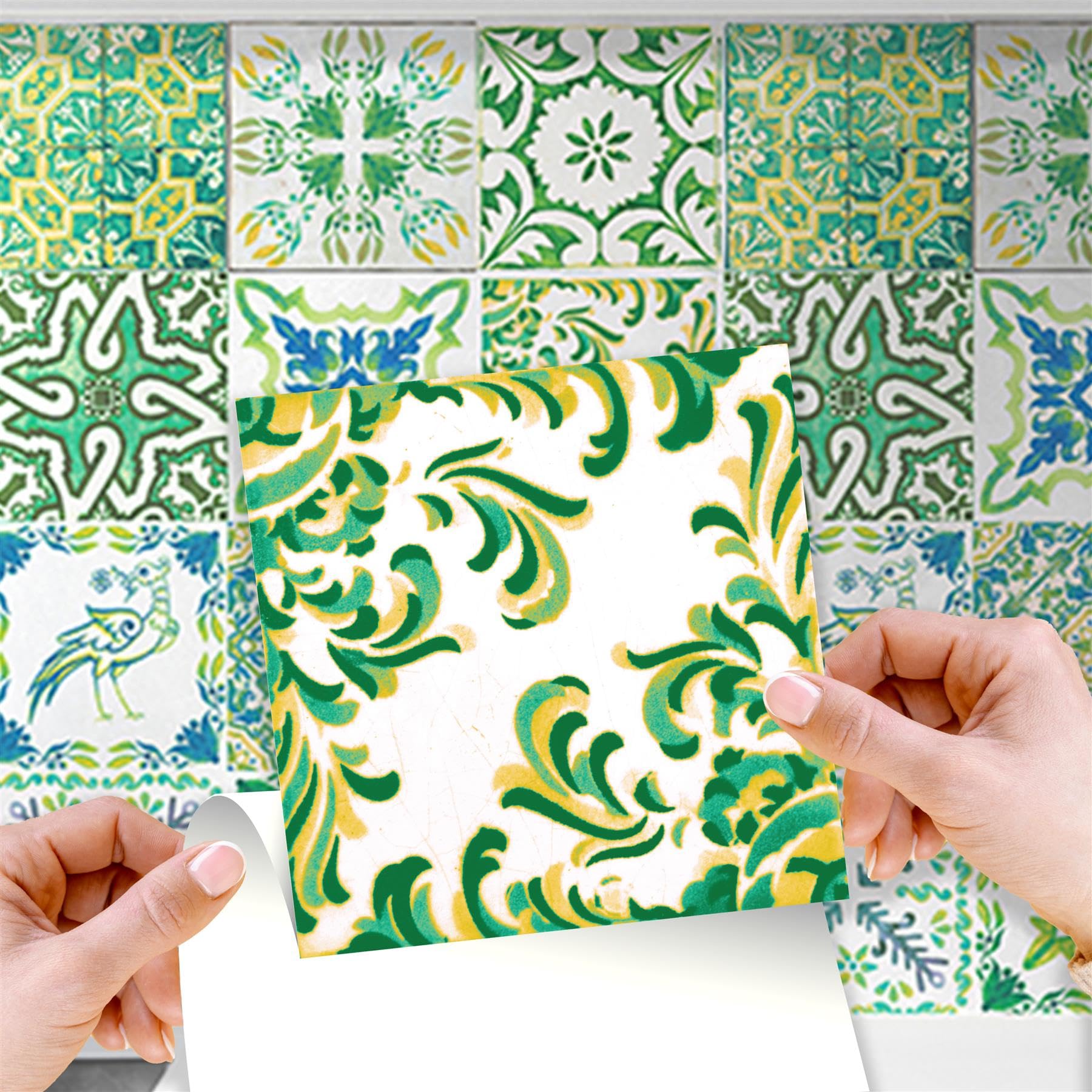 WALPLUS 15cm(6") 24 pcs Turkish Green Mosaic Wall Tile Stickers Peel and Stick Backsplash Self-Adhesive Vinyl Home Decoration DIY Living Bedroom Splashbacks for Kitchen Tile Paint Stick on Tiles