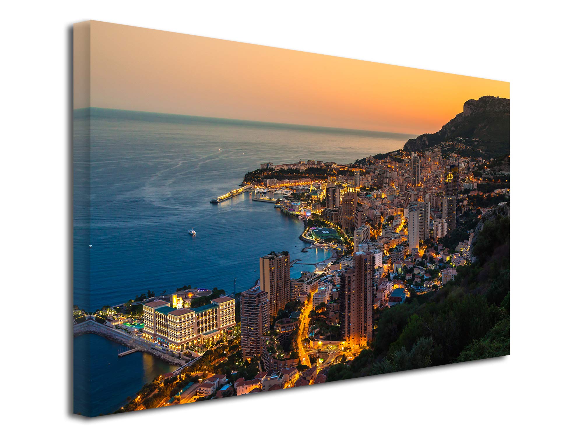 DECLINA Tableau Coucher de Soleil sur Monaco - Impression photo ville sur toile décoration murale paysage - Déco maison, cuisine, salon, chambre adulte - Multicouleur 100x60 cm