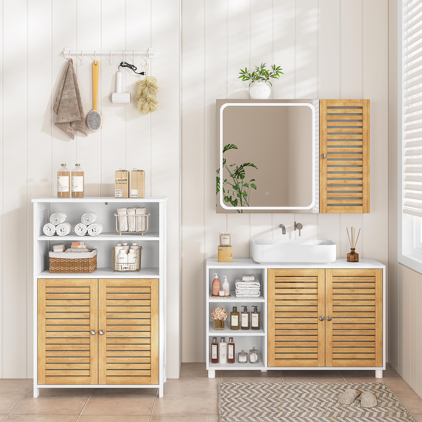Meuble de Salle de Bain, Armoire de Rangement Cuisine avec 2 Compartiments Ouverts et 2 Portes en Bambou, Meuble de Rangement pour Salle à Manger, Cuisine, Salon, 60x30x100 cm