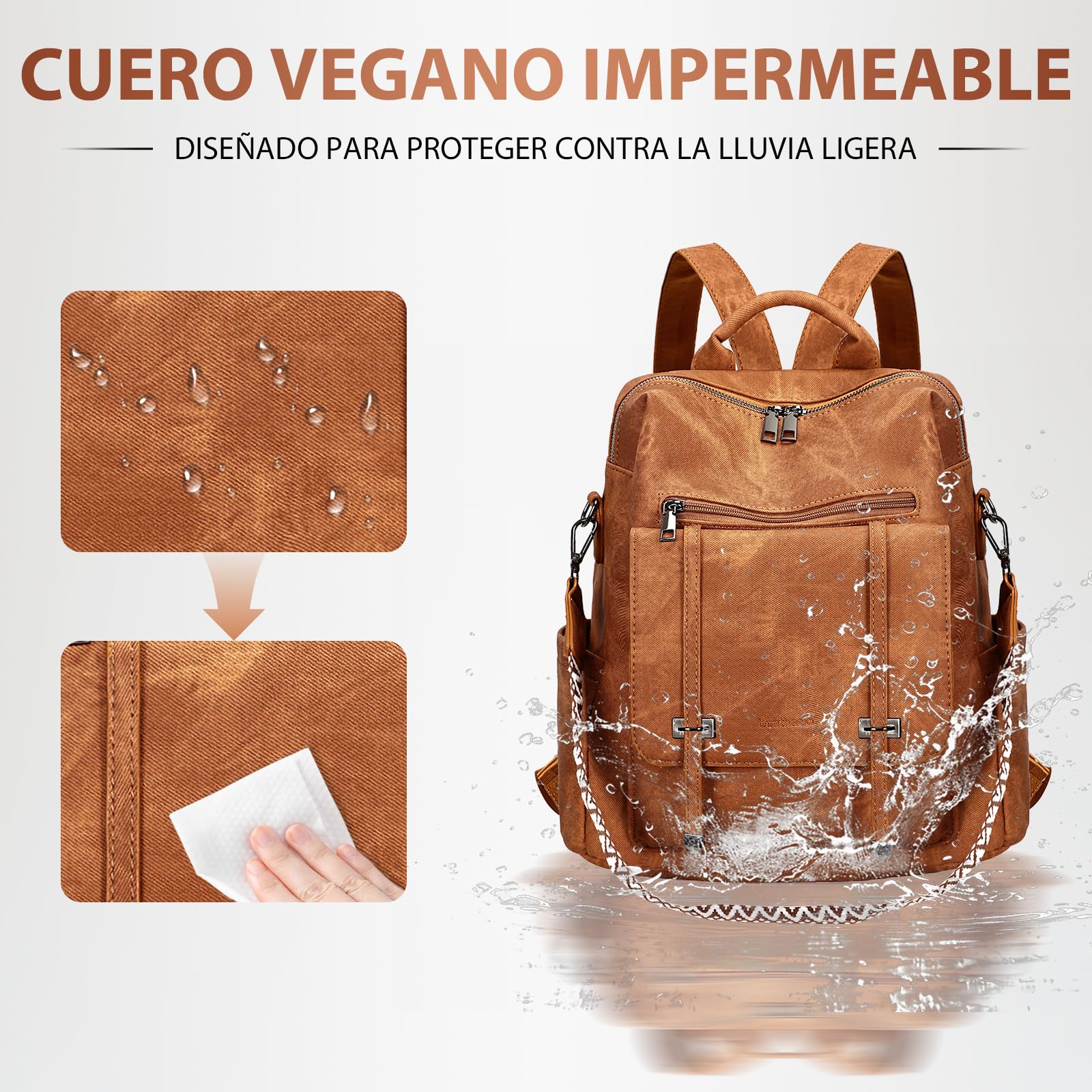 Leathario Mochila Mujer de Cuero PU con Multibolsillos, Mochila Casual y Funcional para Uso Diario, Viajes, Escuela y Universidad Marrón Mate
