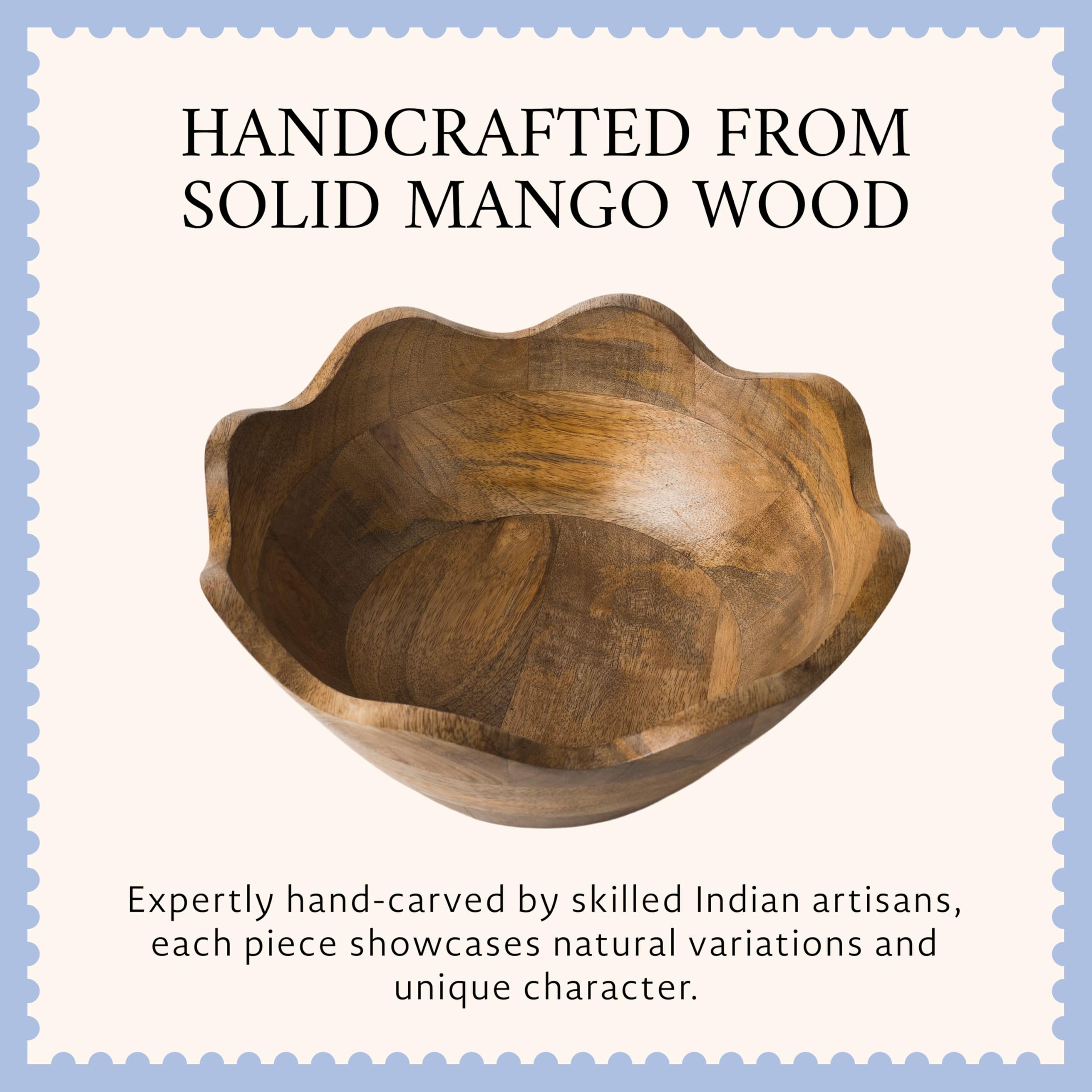 Mela Artisans Cuenco festoneado de madera, mediano, estilo decorativo con volantes, decoración rústica de cocina, madera de mango, acabado de grano natural, se adapta a pan, frutas, ensalada o