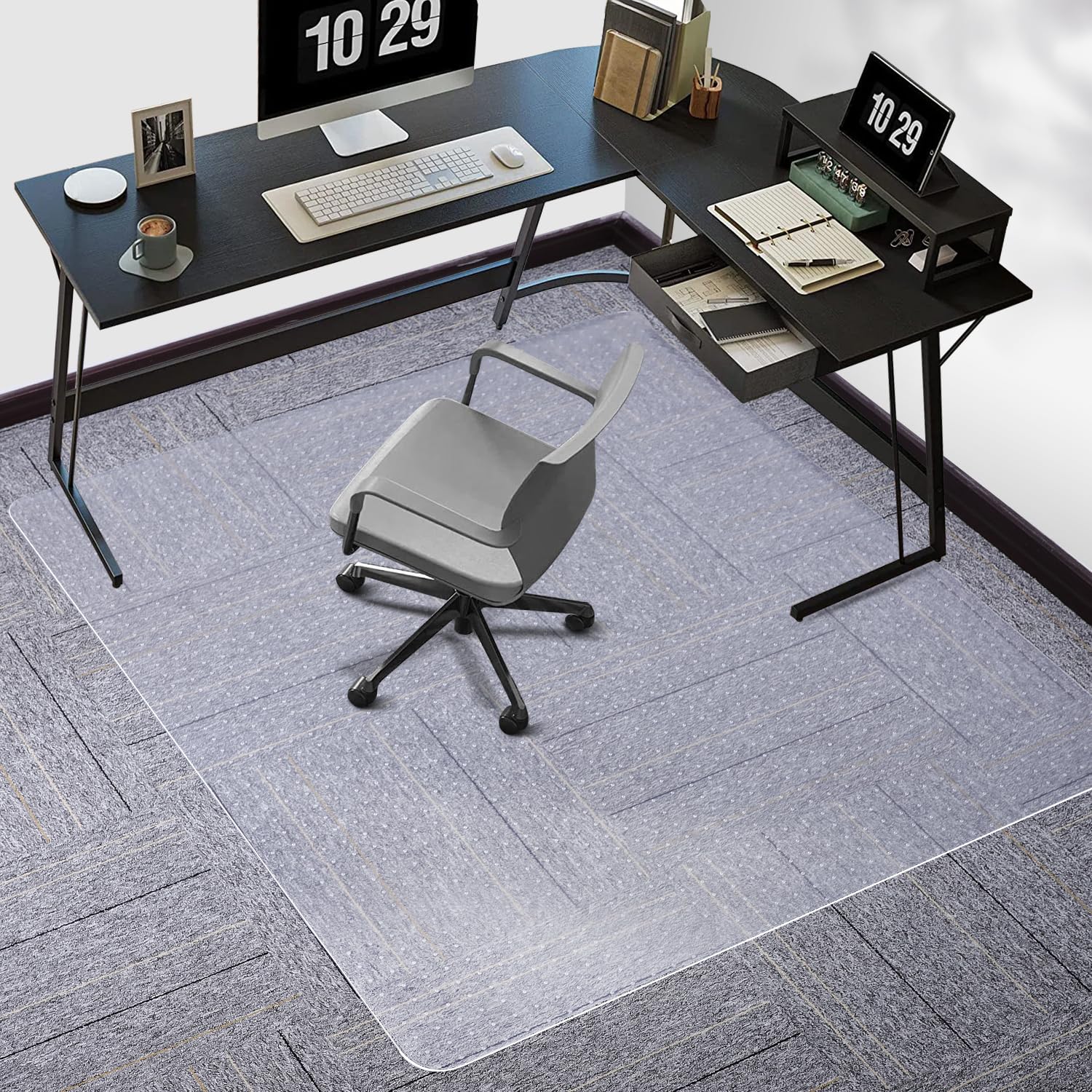 Clear Chair Mat for Carpet, TYDLE 60"x46" Large Chair Mat for Carpeted Floors, 0.09" Thickness Heavy Duty Office Chair Mat with Grips, Non -Slip Rolling Computer Under Desk Chair Mat for Home (Clear)