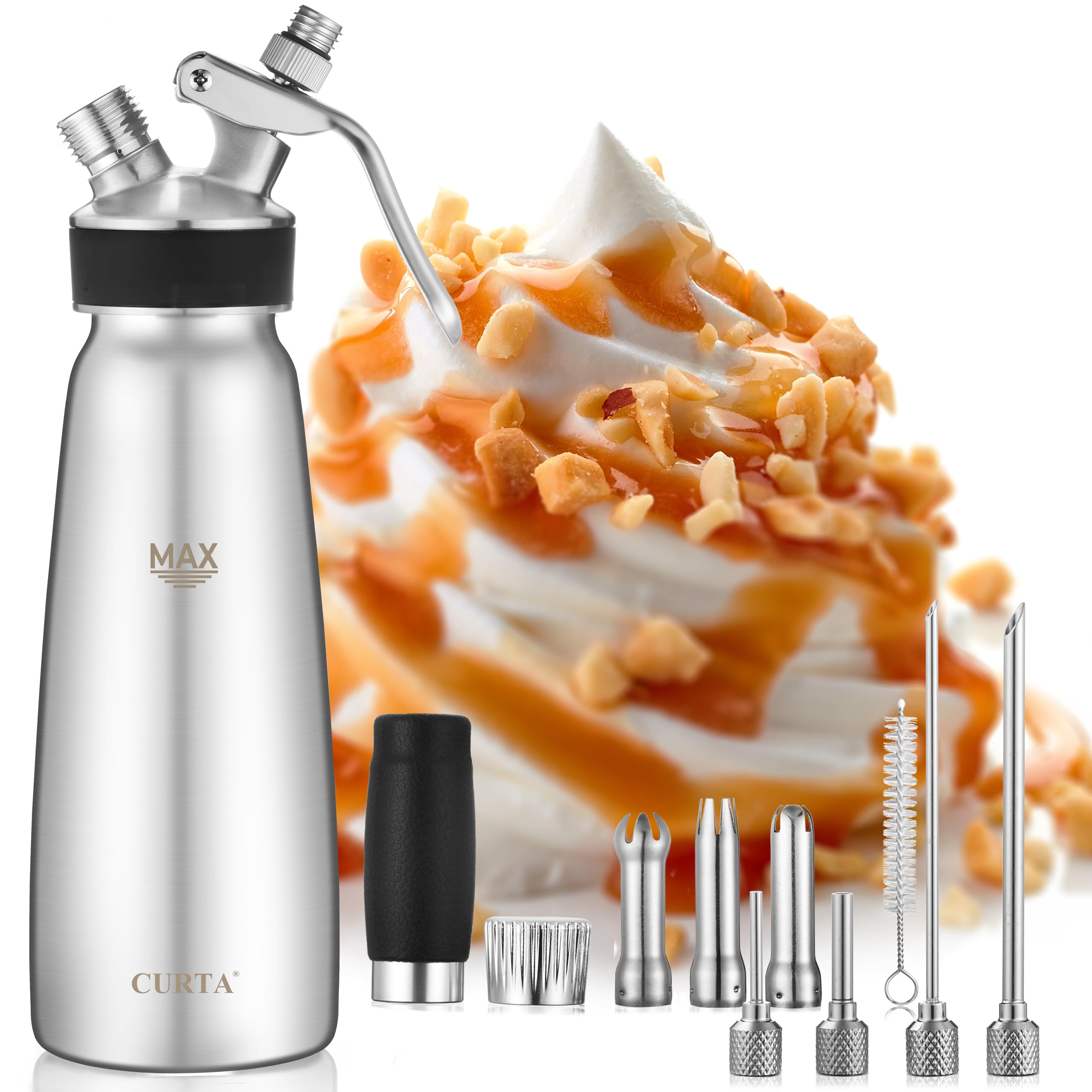 CURTA Professional Whipped Cream Dispenser, Food Grade Stainless Steel Cream Whipper Set with 4 Injector Tips, 3 Decorating Tips and 500ml / 1 Pint Canister, N2O Chargers Not Included …